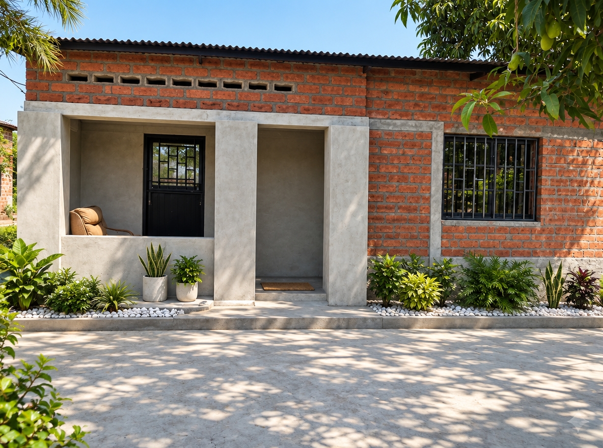 An incredibly lifelike, richly detailed, photorealistic eye-level shot of a modern-fusion rural dwelling set in a sun-drenched, verdant landscape. The scene is illuminated by the sharp, high-contrast light of a summer midday, creating a crisp, vibrant atmosphere. Captured with a 35mm lens, emphasizing the tactile juxtaposition between the raw, earthy textures of exposed red clay bricks and the smooth, cool precision of contemporary concrete columns. 

The architecture balances traditional masonry with minimalist structural elements; the facade features a rhythmic band of decorative ventilation blocks near the corrugated roofline, providing natural airflow. A sheltered porch, framed by clean-lined concrete piers, serves as a bridge between the interior and the exterior. The landscaping has been elevated with a carefully curated transition: a smooth, polished concrete apron borders the house, yielding to a meticulously arranged bed of pristine white stones and native, lush green shrubbery that softens the geometric lines of the structure. The interplay of deep, dappled shadows cast by overhanging mango tree foliage onto the light-toned ground creates a sense of serene, lived-in comfort, grounding the building firmly within its bright, tropical setting.