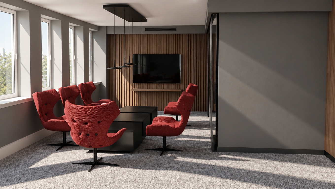 A crisp architectural photograph of the modern lounge interior illuminated by bright midday summer sunlight pouring through the left-hand windows. Strong, high-contrast geometric light patches and sharp shadows fall across the realistic low-pile grey carpet and smooth grey walls. The red swivel armchairs feature detailed woven fabric textures over matte black metal bases, gathered around the satin-finish black coffee tables. Natural vertical wood grain is highlighted on the rear slat wall behind the dark, subtly reflective television screen. Captured with a professional wide-angle interior lens, balanced dynamic range between sunlit highlights and ambient shaded corners, authentic surface micro-textures, and fine photographic grain.