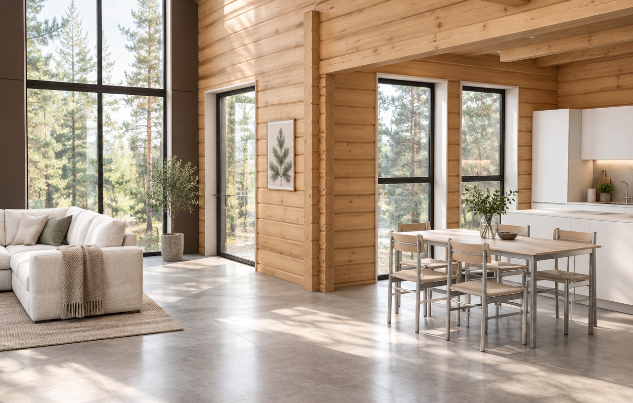 An incredibly lifelike, richly detailed, photorealistic interior shot of an open-concept Scandinavian sanctuary set in a tranquil, pine-forested environment. The scene is illuminated by soft, diffused natural morning light filtering through floor-to-ceiling windows, creating a serene and airy atmosphere. Captured with a 35mm lens, emphasizing the tactile grain of the warm honey-toned timber walls and the crisp, matte finish of the minimalist white cabinetry.
The living area features a plush, cloud-white sectional sofa draped in textured linen, anchoring the space with a sense of "hygge" comfort. Adjacent to this, the dining zone is defined by a sleek, slender-profile wooden table paired with airy metal-framed chairs, reflecting a refined Scandinavian sensibility. Subtle touches of nature-inspired wall art and a curated arrangement of verdant indoor greenery bring an organic vitality to the composition. The interplay of shades of white, soft slate gray, and the muted green reflections on the window glass creates a seamless, harmonious flow between the minimalist interior and the lush, bright landscape beyond, evoking a feeling of absolute calm and purposeful design.