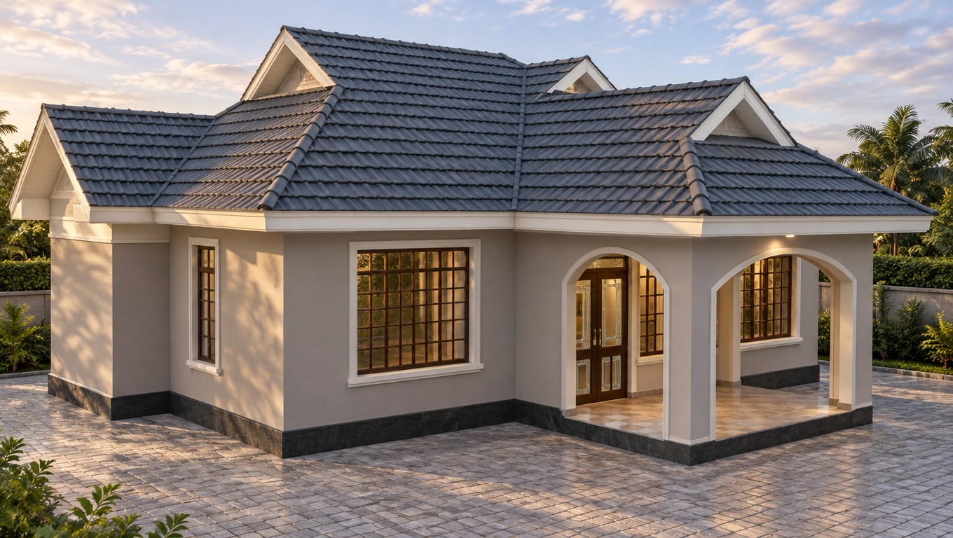 The photo, titled `render/6a989c2b6663e64f9a15c0c6/a51800ea 6c82 4c0c 96dc 1940185fad0c.jpg`, presents a detailed 3D architectural rendering of a modern residential house, viewed from a slightly elevated three-quarter perspective against a clean white background. The building features a multi-pitched roofline with several gables, clad in what appears to be warm, textured brown or tan roofing shingles, capped with light grey fascia boards. The exterior walls are rendered in a crisp, smooth white finish, contrasting with a dark grey or black plinth that forms the base of the structure. A distinctive covered front porch dominates the facade, supported by thick white pillars forming elegant arched openings that lead to the main entrance. The porch floor is laid with a classic checkerboard pattern of light and dark beige tiles, suggesting a welcoming outdoor living space. The windows are a prominent feature, with large, multi-pane units showcasing light blue or purplish frames and grilles, set above striking reddish-orange sills that add a touch of color. The double entry door, framed in dark tones, features glass panes in its upper half with intricate light green outlines, hinting at a contemporary design. The overall composition is clean and precise, typical of an architectural visualization, focusing solely on the building's form, materials, and design elements without any surrounding landscaping or environmental context. The lighting is soft and even, highlighting the architectural volumes and textures without casting harsh shadows, creating an inviting and well-proportioned structure that feels both substantial and aesthetically pleasing.