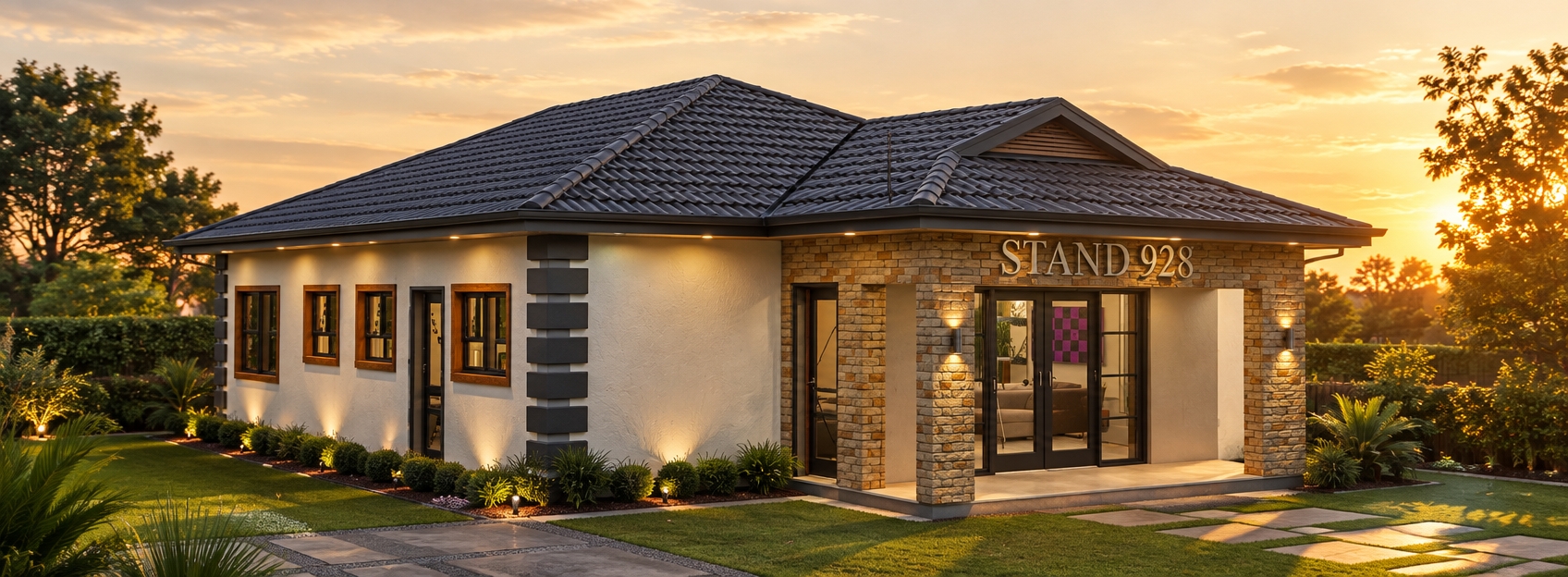 An incredibly lifelike, richly detailed, photorealistic wide-angle shot of a contemporary fusion residence set in a sun-drenched suburban landscape during a golden summer sunset. The scene is illuminated by the warm, honeyed glow of late afternoon light, casting elongated, soft shadows and creating a serene, inviting atmosphere. Captured with a 35mm lens, the image emphasizes the striking contrast between the smooth, matte white exterior walls and the rugged, textured earth-toned brickwork that defines the recessed entryway. The house features a bold, geometric roofline clad in charcoal-grey, slate-like tiles, complemented by sharp metallic trims and clean, industrial-inspired window frames finished in deep black. The entrance opens into a glimpse of an open-concept living space where sleek, modular decor meets abstract wall art in vibrant violet and charcoal hues. A subtle metallic "STAND 928" house sign rests elegantly above the porch, while the surrounding environment is softened by meticulously maintained lush greenery and manicured shrubs. The composition highlights the seamless transition between the clean, geometric structure and the natural warmth of the golden hour, rendering the house as a sophisticated, modern sanctuary.
