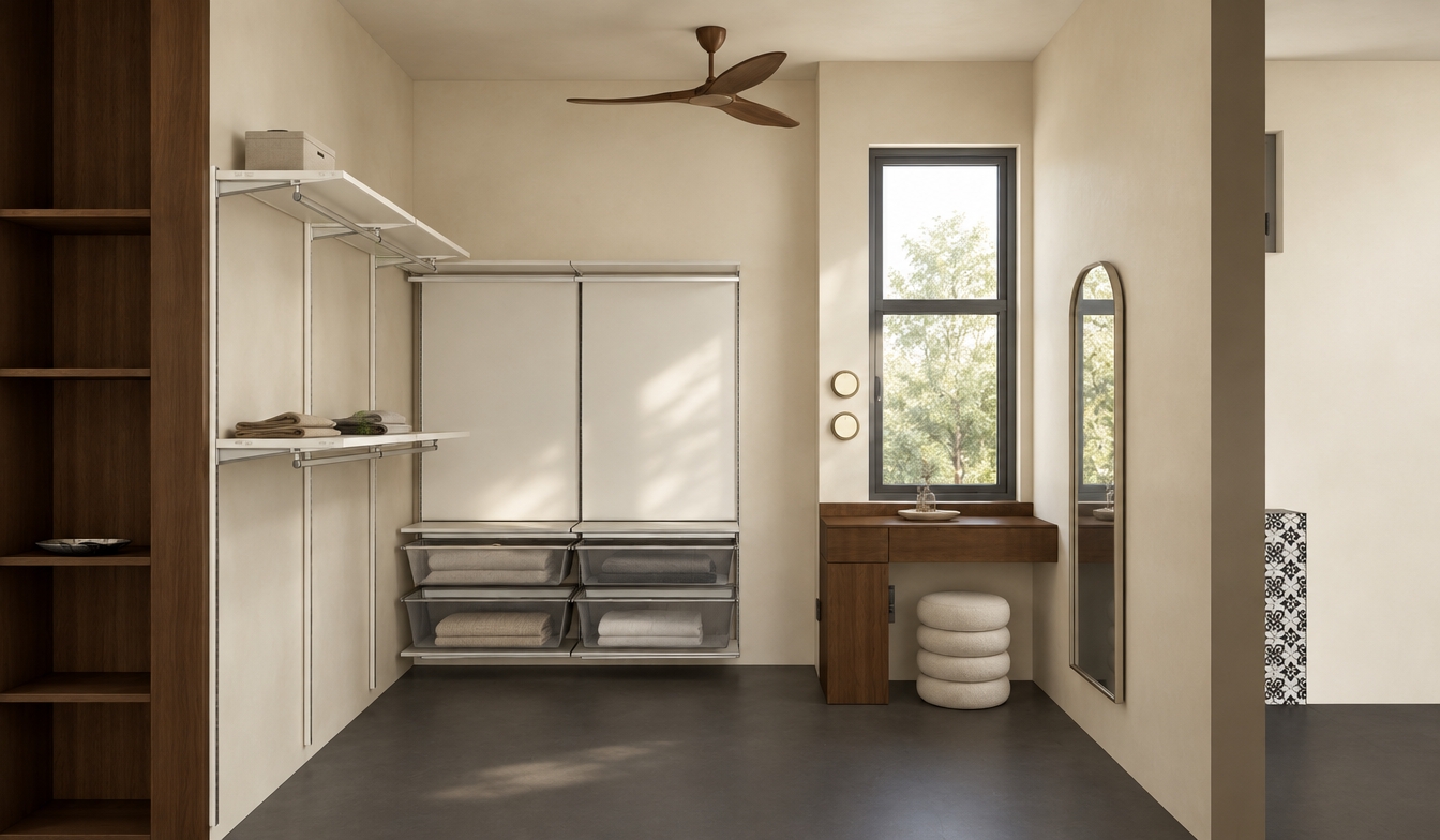 An incredibly lifelike, richly detailed, photorealistic interior shot of a sophisticated mudroom and dressing area set in a contemporary home. The scene is illuminated by soft, natural midday light streaming through the window, creating a serene and airy atmosphere. Captured with a 35mm lens, emphasizing the smooth, buttery cream-colored plaster walls and the seamless, matte deep-gray flooring that provides a grounding, monolithic foundation.

The space masterfully balances Mid-Century Modern aesthetics with functional utility. To the left, an open modular shelving system with crisp white metal hardware offers an organized, airy storage solution, while a dark walnut vanity console sits beneath the window, perfectly complemented by a sculptural, rounded fabric ottoman. On the adjacent wall, an arched floor mirror with a slim metallic frame adds a touch of organic elegance. Above, a signature three-blade timber ceiling fan anchors the room, its warm wood tone echoing the rich grain of the vanity. The composition is clean and intentional, with the neutral palette and clean lines evoking a sense of refined, minimalist luxury.