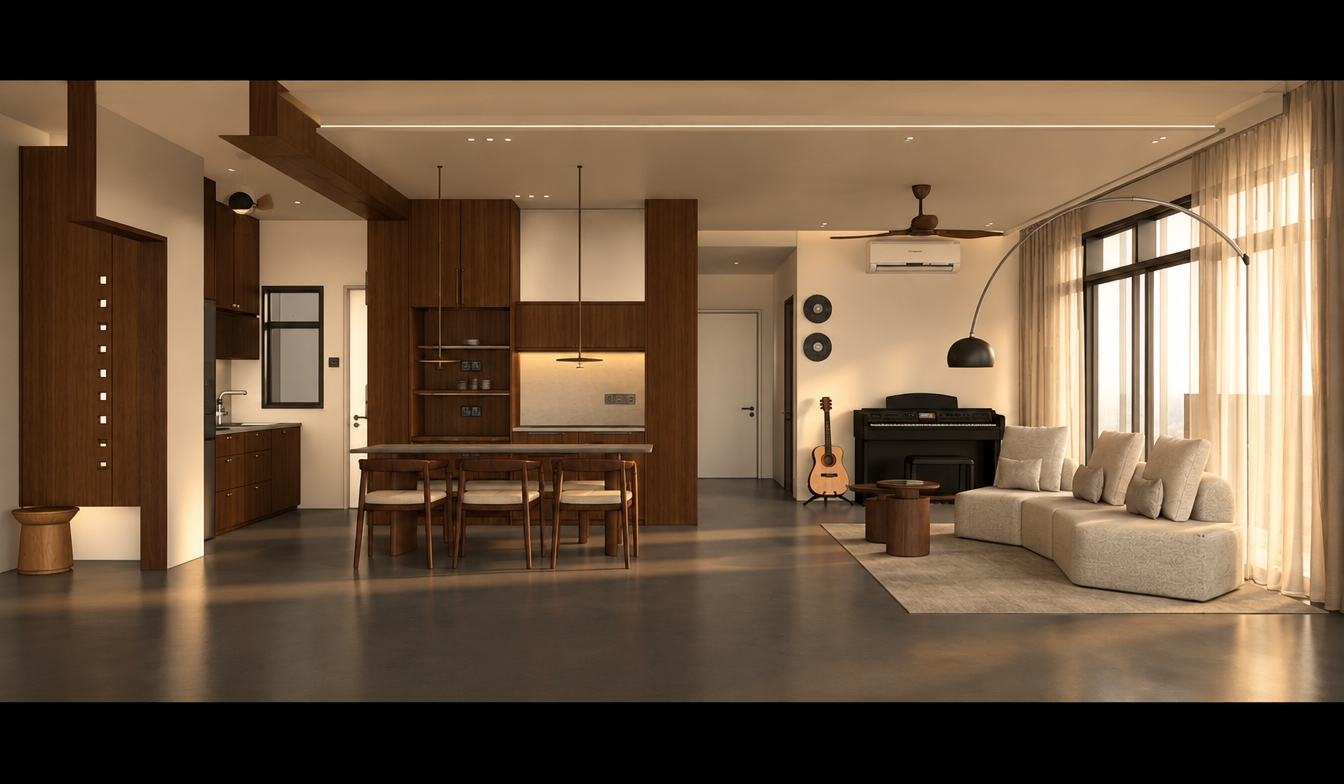 An incredibly lifelike, richly detailed, photorealistic interior shot of a sophisticated living and dining space set in a tranquil, sun-drenched apartment. The scene is illuminated by the soft, golden glow of a quiet sunrise filtering through floor-to-ceiling sheer curtains, creating a serene and warm mid-century modern atmosphere. Captured with a 35mm lens, emphasizing the smooth, matte cream-colored walls that contrast beautifully with the seamless, dark charcoal grey flooring, which is polished to a refined, non-textured finish.

The open-concept layout features a rich walnut-toned cabinetry block that anchors the kitchen area, paired with slender, minimalist pendant lighting hanging over a streamlined dining table. In the living zone, a modular, light-toned sofa sits atop a plush area rug, complemented by organic timber side tables and a classic acoustic guitar resting near a sleek digital piano. A graceful, arched floor lamp curves over the seating area, while a ceiling fan with dark wooden blades provides a subtle architectural accent. The composition is balanced and inviting, with the sunrise light casting long, gentle shadows that highlight the clean lines of the furniture and the luxurious depth of the dark, monochromatic floor, resulting in an airy, high-end residence that feels both timeless and intimate.