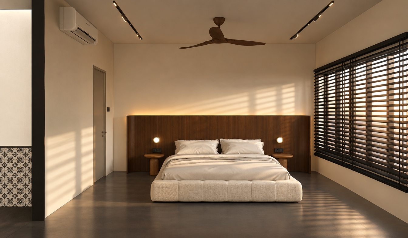 An incredibly lifelike, richly detailed, photorealistic interior shot of a serene master bedroom set in a modern apartment during a soft, golden sunrise. The scene is illuminated by the gentle, diffused glow of early morning light filtering through sleek black venetian blinds, creating a tranquil and sophisticated atmosphere. Captured with a 35mm wide-angle lens, emphasizing the rich, vertical wood grain of the custom-curved headboard and the smooth, matte finish of the cream-colored walls.

The room features a luxurious, low-profile upholstered platform bed dressed in crisp, off-white linens, anchored by two minimalist, solid wood side tables. The floor is finished in a seamless, monolithic deep charcoal gray, lending a grounded, high-end feel to the space. Above, a sculptural mid-century modern ceiling fan in dark walnut acts as the room's centerpiece, while subtle recessed track lighting runs along the perimeter of the ceiling. The composition is perfectly symmetrical, balancing the warmth of the wood and the glowing amber light behind the headboard with the sharp, rhythmic shadows cast by the blinds, resulting in a space that feels both grounded and ethereal.