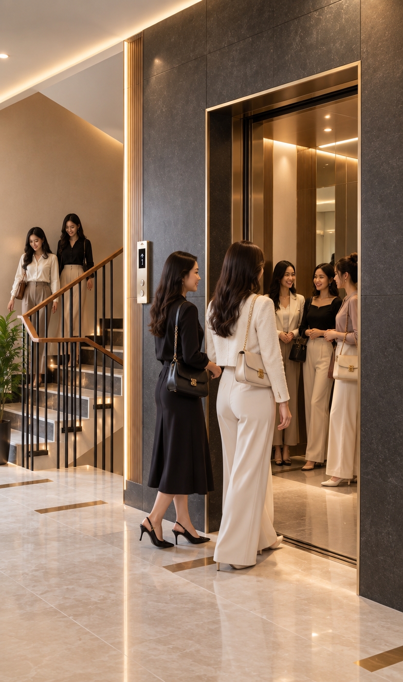 An incredibly lifelike, richly detailed, photorealistic wide-angle interior shot of an upscale elevator hall set in a contemporary women-only apartment-hotel in Surabaya. The scene is illuminated by soft architectural LED cove lighting, warm backlit fluted wall panels, and diffused ambient downlights balanced by indirect midday spring light, creating a serene, secure, and luxurious atmosphere. Captured with a 24mm tilt-shift lens on a full-frame architectural camera, emphasizing the tactile matte charcoal porcelain cladding, polished ivory terrazzo flooring, and brushed champagne-gold trims. The sleek elevator doors glide open to reveal three stylish women standing inside the mirror-backed, warmly lit cabin, while two well-dressed women pause gracefully in front of the lift, ready to step aboard. To the left, along the elegant staircase with walnut handrails and slim geometric balusters, two other women are seen mid-stride descending the stairs. Subtle indoor greenery, bespoke brass floor inlays, and sophisticated minimalist proportions combine to transform the utilitarian hall into an inviting, high-end hospitality lounge tailored for modern urban living.