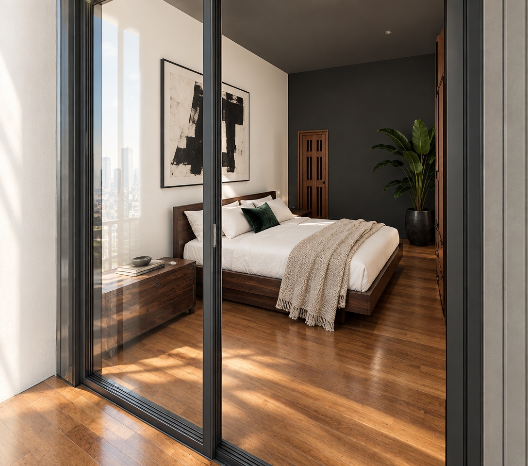 An incredibly lifelike, richly detailed, photorealistic interior shot of a sophisticated modern fusion bedroom set in a luxury urban high-rise during a crisp spring midday. The scene is illuminated by soft, natural light streaming through expansive floor-to-ceiling glass doors, creating a serene, airy, and dynamic atmosphere. Captured with a 35mm lens, the image emphasizes the rich, warm grain of the polished oak hardwood flooring contrasted against a bold, matte charcoal accent wall.
The room features a contemporary platform bed with a dark mahogany frame, dressed in crisp, high-thread-count white linens draped with a textured, neutral-toned throw. Beside the bed, a minimalist wooden chest provides an industrial-inspired touch, perfectly complemented by a piece of oversized, abstract wall art in a black-and-white palette. A vibrant, deep emerald throw pillow adds a singular punch of color, echoing the lush, oversized indoor plant tucked in the corner. The sleek, thin-profile metal trim of the glass partition adds a geometric, architectural depth to the composition, grounding the minimalist design with a refined sense of structure and elegance.