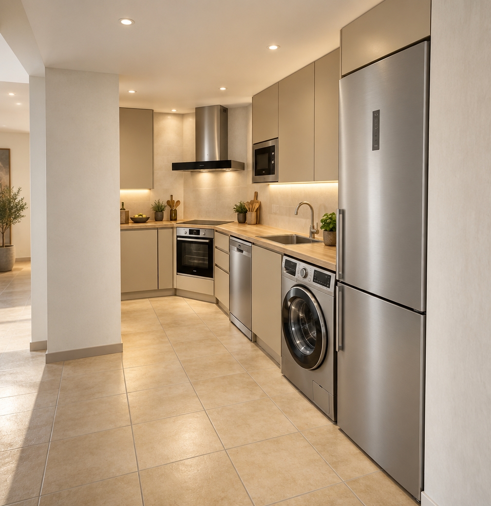 A professional architectural photograph capturing the kitchen with the exact layout and perspective intact, featuring sleek handleless cabinetry in a satin pearl gold finish paired with natural light fir wood countertops. Warm under-cabinet LED strip lighting and soft ambient ceiling fixtures cast realistic highlights across the stainless steel appliances, brushed metal fixtures, and ceramic floor tiles. Tasteful, minimal countertop decor adds subtle warmth, while crisp focal clarity, soft environmental shadows, and authentic material textures deliver an authentic, finished interior.