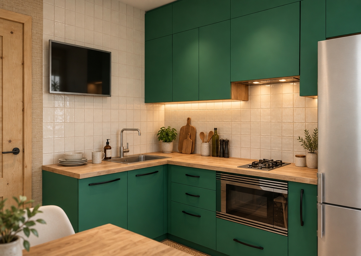 A photorealistic interior photograph preserving the exact framing, geometry, and color scheme of the kitchen, illuminated by soft warm ambient light and under-cabinet glow. The matte green cabinetry showcases realistic fine surface texture, while the light wood countertop displays authentic organic grain, subtly dressed with a few clean ceramic dishes and a mug near the stainless steel sink. The brushed metal faucet, induction cooktop, and reflective glass oven door display physically accurate highlights and reflections, framed with gentle shadow falloff, crisp tile grout micro-details, and subtle photographic grain shot on a 35mm lens.