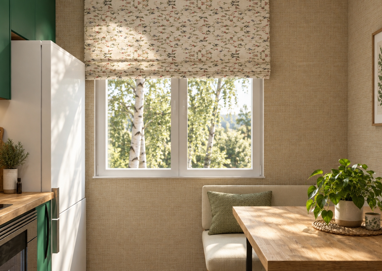 A realistic interior photograph maintaining the exact framing, geometry, and layout of the kitchen nook, illuminated by soft natural daylight streaming through the window. Outside the glass, a clear view of leafy birch trees with white bark is visible. Resting on the natural wood dining table is a small vibrant potted plant, while a comfortable fabric cushion sits on the bench. The space features authentic material textures, including woven linen on the floral shade, tactile textured wallpaper, and natural reflections on the cabinetry, all captured with a gentle depth of field and subtle photographic grain.