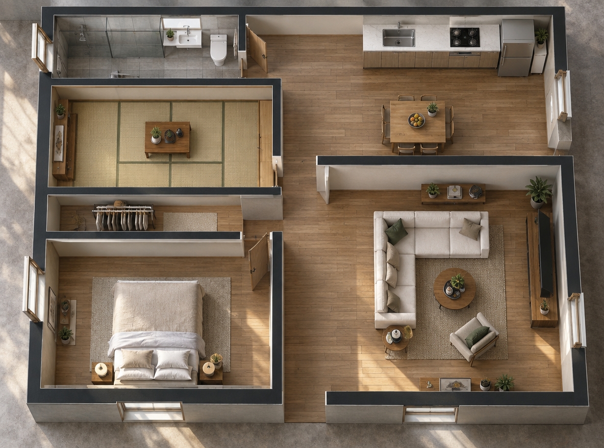 A crisp, high-angle architectural photograph capturing an overhead cutaway view of the exact floor plan layout, realized with authentic textures and materials. Soft natural daylight streams through the designated exterior windows along the left, right, and bottom walls, casting gentle interior shadows across warm wood flooring in the living room and master bedroom, woven tatami mats in the Japanese-style room, and tiled surfaces with a glass partition in the wet-dry bathroom. Shot on a medium-format camera with even ambient fill, sharp geometric alignment, realistic material tactile finishes, and subtle lens vignetting.