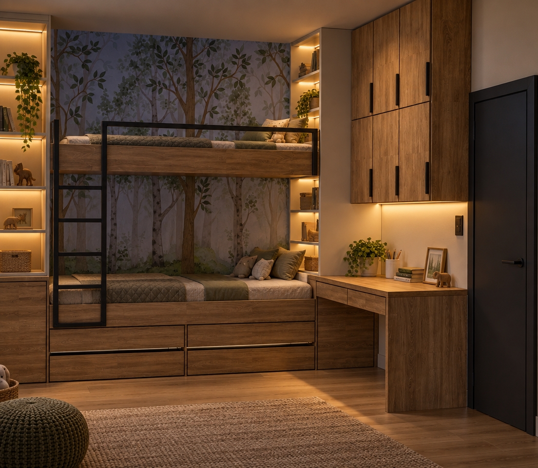 A photorealistic architectural photograph capturing the exact room setup at dusk with a warm, intimate ambiance. Soft, cool twilight fills the room, beautifully contrasted by warm integrated LED lighting glowing from the shelves beside the upper cabinets and above the desk, casting a soft 2700K illumination across the natural wood grain. The forest mural behind the bunk bed recedes into a moody, muted evening tone, while the matte black metal ladder and dark door display realistic micro-textures and subtle highlights. Captured with crisp architectural focus, natural ambient shadows, gentle vignetting, and clean interior photography optics.