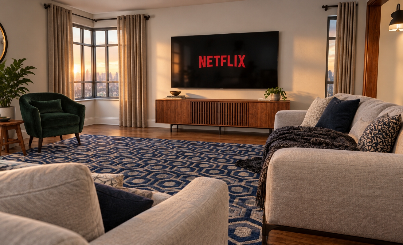 An incredibly lifelike, richly detailed, photorealistic eye-level interior photo of a sophisticated modern fusion living room set in an urban high-rise apartment. The scene is illuminated by the soft, ambient golden hour light filtering through tall bay windows, creating a cozy, cinematic atmosphere perfect for an evening of entertainment. Captured with a 35mm wide-angle lens, emphasizing the rich textures of the walnut media console and the crisp, geometric patterns of the navy-and-white area rug.

The room balances sleek contemporary design with warm organic touches; a dark, velvet-upholstered armchair stands as a bold accent against the crisp white walls, while a mid-century modern credenza adds a refined wooden element beneath a wall-mounted flat-screen television. The composition draws the eye toward the center of the lounge, where the plush, modular seating is softened by minimalist decorative pillows. Polished surfaces reflect the subtle glow of the room, while a hidden corner features lush indoor greenery that breathes life into the space. The integration of abstract wall art and clean, sharp lines creates a dynamic, industrial-inspired aesthetic that feels both curated and effortlessly inviting.
