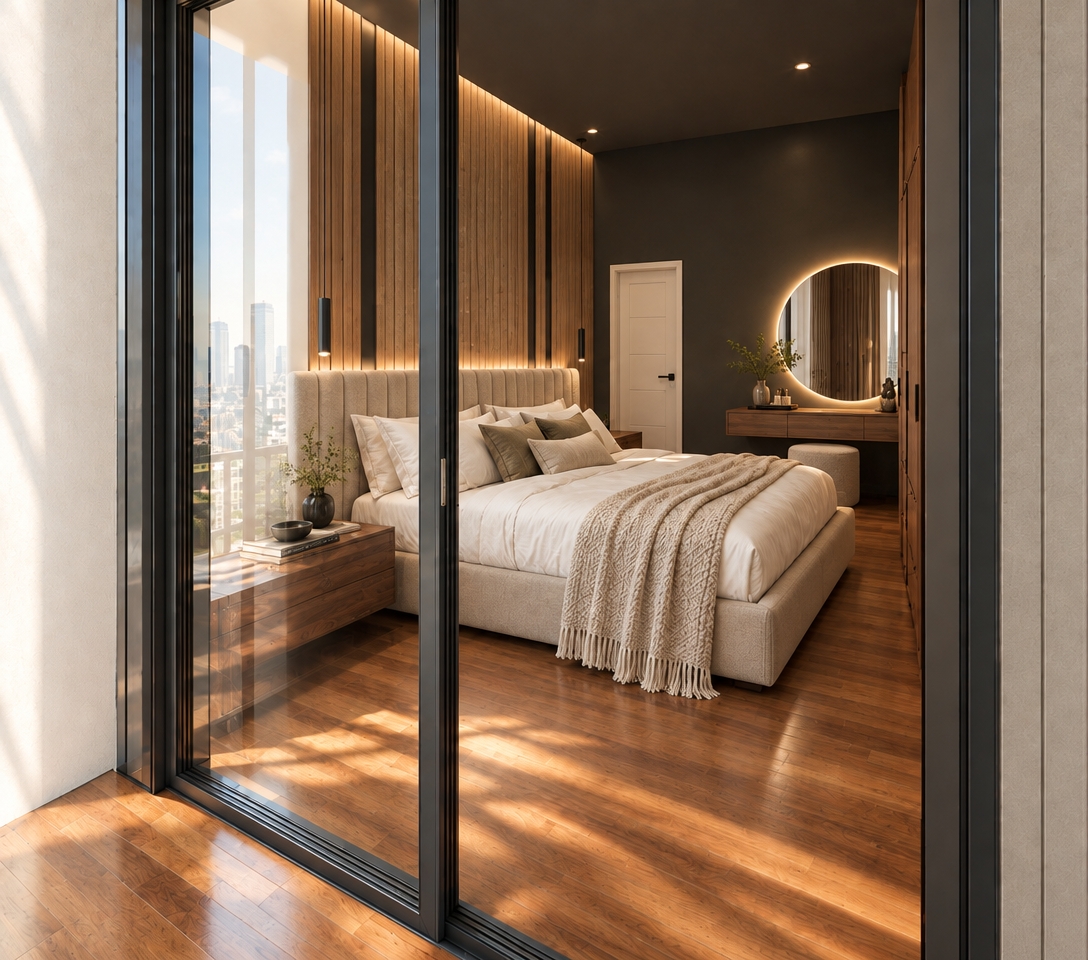 An incredibly lifelike, richly detailed, photorealistic wide-angle interior shot of a luxury primary suite set in a high-rise urban apartment overlooking a sun-drenched cityscape. The scene is illuminated by the soft, golden glow of midday spring light filtering through floor-to-ceiling glass, creating a serene, sophisticated, and "digital zen" atmosphere. Captured with a 35mm lens, emphasizing the tactile richness of the materials—from the buttery velvet of the oversized, floor-to-ceiling channeled upholstered headboard to the deep grain of the rich walnut flooring.
The feature wall behind the bed has been transformed into an architectural masterpiece, clad in seamless, sand-toned vertical oak slats interspersed with matte-black metal inlay, creating a rhythmic, textured backdrop. Replacing the original bed is a grand king-size platform bed dressed in crisp, high-thread-count white linens and a heavy, textured cream cashmere throw. To the right, a custom-integrated floating vanity finished in matching walnut features a sleek, circular backlit mirror with a soft halo of warm-white light, its surface clutter-free with minimalist accessories. The sunlight casts elongated, soft-edged shadows across the floor, highlighting the warmth of the wood. The juxtaposition of the dark, charcoal-painted accent ceiling and the organic natural wood tones creates a balanced, tranquil sanctuary, with every surface rendered with impeccable clarity and professional design intent.