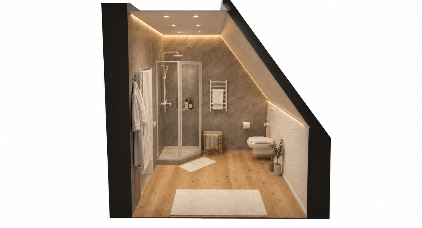 Architectural interior photograph of the modern attic bathroom cutaway, precisely preserving the existing layout, camera perspective, and room geometry. All plumbing fixtures, shower framing, faucets, and the heated towel rack are rendered in a smooth matte white finish. Soft, warm-toned perimeter cove lighting glows along the ceiling edges, complementing the recessed spotlights and casting realistic ambient illumination across the grey tiled walls and natural wood-plank floor. The space is naturally dressed with realistic lifestyle decor, including plush white towels on the towel warmer, a neatly hung robe near the door, and understated shampoo bottles set within the glass shower enclosure. Photographed with architectural lens clarity, featuring soft contact shadows, genuine material textures, and delicate reflections on the glass surfaces.