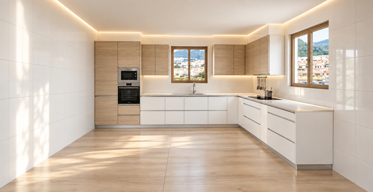 An incredibly lifelike, richly detailed, photorealistic wide-angle interior shot of a contemporary minimalist kitchen set in a serene Mediterranean coastal villa. The scene is illuminated by soft, natural morning light streaming through the windows and warm, concealed LED strip lighting tucked beneath the cabinetry, creating a tranquil, sophisticated atmosphere. Captured with a 24mm wide-angle lens, emphasizing the clean lines of the matte white handleless cabinetry and the subtle, organic grain of the light oak wood paneling.
The kitchen features a seamless L-shaped layout where the crisp white, floor-to-ceiling tiles provide a clean backdrop that contrasts beautifully with the warm wood finishes. The integrated stainless steel oven and microwave tower anchor the left side, while the sleek countertops extend toward the windows, where a soft, blurred view of hillside architecture adds depth. Beneath the upper cabinets, a gentle glow from the LED strips reflects off the polished white surfaces, highlighting the minimalist hardware and the precision of the joinery. The light maple flooring pulls the composition together, grounding the space and enhancing the airy, expansive perspective of the room.