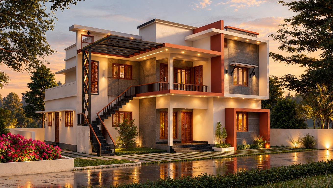 An incredibly lifelike, richly detailed, photorealistic wide-angle exterior shot of a contemporary residence set in a tranquil, lush garden environment at twilight. The scene is illuminated by warm, ambient golden-hour lighting that dances across the structural facade, creating a sophisticated and welcoming atmosphere. Captured with a 35mm lens, the rendering emphasizes the interplay between the crisp white stucco, the bold terracotta-red accents, and the intricate dark metal framework of the exterior staircase. 

The architecture radiates a "Moroccan Mystique" through its clean, geometric lines punctuated by rich, vibrant color blocking. As the night descends, subtle recessed lighting casts soft glows against the smooth gray panels, highlighting the textures of the building. The surrounding landscaping—a blend of manicured greenery, vibrant pink bougainvillea, and tall, swaying trees—frames the house, while a damp, reflective driveway mirrors the house's warm glow. The composition balances modern minimalism with hints of exotic elegance; one can almost imagine the interior spaces beyond the wooden-framed windows, filled with ornate, carved wood furnishings, patterned textiles in deep blues and golds, and lush indoor greenery that brings the vibrant spirit of the Middle East into this sleek, contemporary architectural sanctuary.