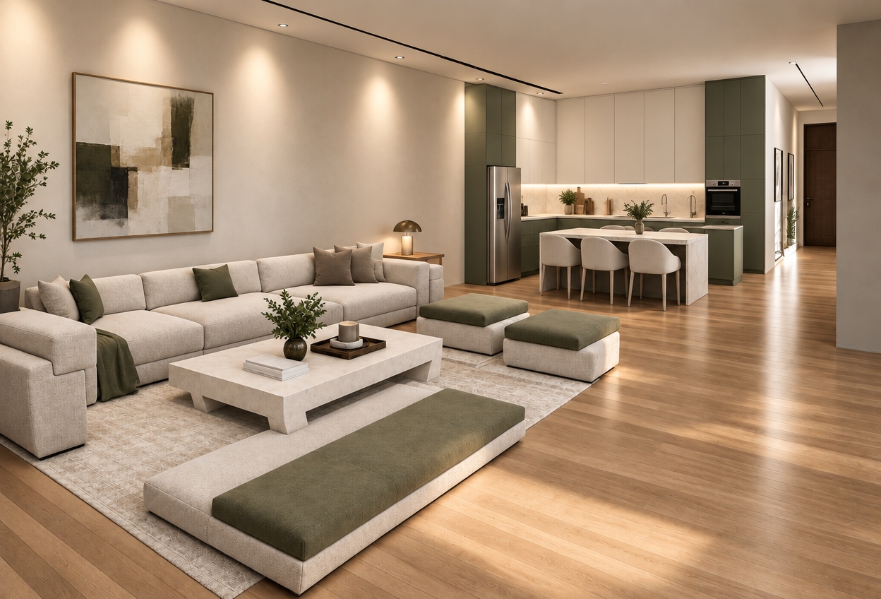 An incredibly lifelike, richly detailed, photorealistic wide-angle shot of a sophisticated open-plan living and kitchen area set in a contemporary minimalist haven. The scene is illuminated by warm, recessed ambient lighting and soft afternoon sunlight filtering across the warm-toned oak flooring, creating a serene, inviting atmosphere. Captured with a 35mm lens, emphasizing the crisp contrast between the rich, matte olive green cabinetry and the pristine, seamless matte white upper units that extend elegantly to the ceiling.
The kitchen has been transformed into a masterclass of hidden functionality; the ventilation hood is now entirely integrated into a custom cabinetry enclosure, leaving the clean lines of the kitchen wall uninterrupted. The olive green and white color palette provides a balanced, organic depth that transitions effortlessly into the living space, where the low-profile, cream-colored modular sofa sits atop a textured, neutral-toned rug. The coffee table serves as a sculptural focal point, complemented by the symmetrical arrangement of the soft green ottomans. Every surface—from the satin-finish cabinetry to the subtle wood grain of the floor—exudes high-end quality, with the overall composition favoring negative space and architectural harmony. The scene is punctuated by curated greenery and soft, intentional shadows, resulting in a luxurious, tranquil environment that feels both lived-in and meticulously curated.