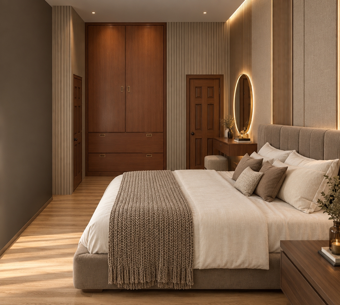 An incredibly lifelike, richly detailed, photorealistic eye-level interior shot of a luxurious contemporary bedroom set in a peaceful, sun-drenched private residence. The scene is illuminated by soft, diffused midday light filtering through a sheer curtain, creating a serene and sophisticated atmosphere. Captured with a 35mm lens, emphasizing the interplay between tactile wood grains and plush textiles.

The feature wall is a masterclass in modern refinement, utilizing floor-to-ceiling vertical fluted oak panels that frame a central, rich cherry-wood wardrobe, which now serves as a seamless architectural statement piece. To the left and right, bespoke doorways are integrated with hidden hinges, maintaining a clean, minimalist silhouette. A majestic king-size bed takes center stage, featuring a sweeping, oversized headboard upholstered in a deep taupe velvet that contrasts beautifully with crisp, high-thread-count cream linens and a tactile, chunky-knit throw blanket. To the side, a sleek, custom-built floating vanity finished in matching cherry wood features a backlit, circular brushed-brass-framed mirror, casting a warm, ethereal glow that accentuates the depth of the room. The natural white-oak floorboards ground the space, while soft shadows pool gently beneath the floating furniture, adding to the room’s sense of weight and calm. Every detail, from the concealed drawer pulls to the subtle texture of the acoustic wall panels, exudes an aura of curated, Zen-inspired elegance.