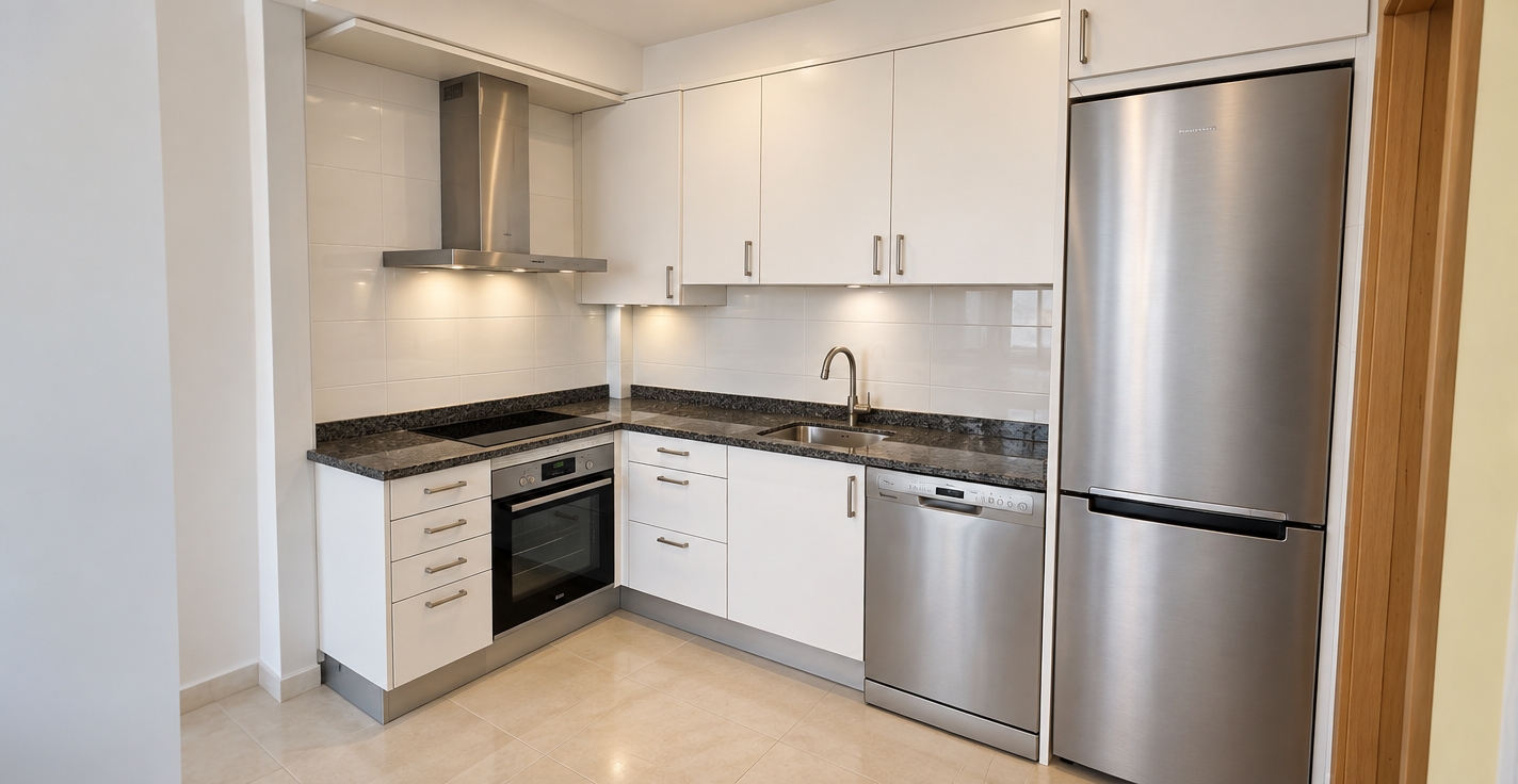 A realistic architectural photograph precisely preserving the kitchen layout, geometry, and composition, captured with a wide-angle tilt-shift lens under soft ambient indoor lighting. The matte white cabinetry features subtle tactile laminate sheen and fine seams around the brushed nickel handles. The dark speckled granite countertop displays authentic glossy reflections, mineral depth, and bevelled edge details. Stainless steel appliances—including the tall refrigerator, dishwasher, range hood, and oven—exhibit realistic brushed metallic anisotropic reflections, subtle micro-scratches, and faint surface variations. The glossy white ceramic tiled backsplash reveals delicate grout lines with soft contact shadows beneath the upper wall cabinets, while the light neutral floor grounds the scene with subtle, diffused light diffusion and natural micro-textures.
