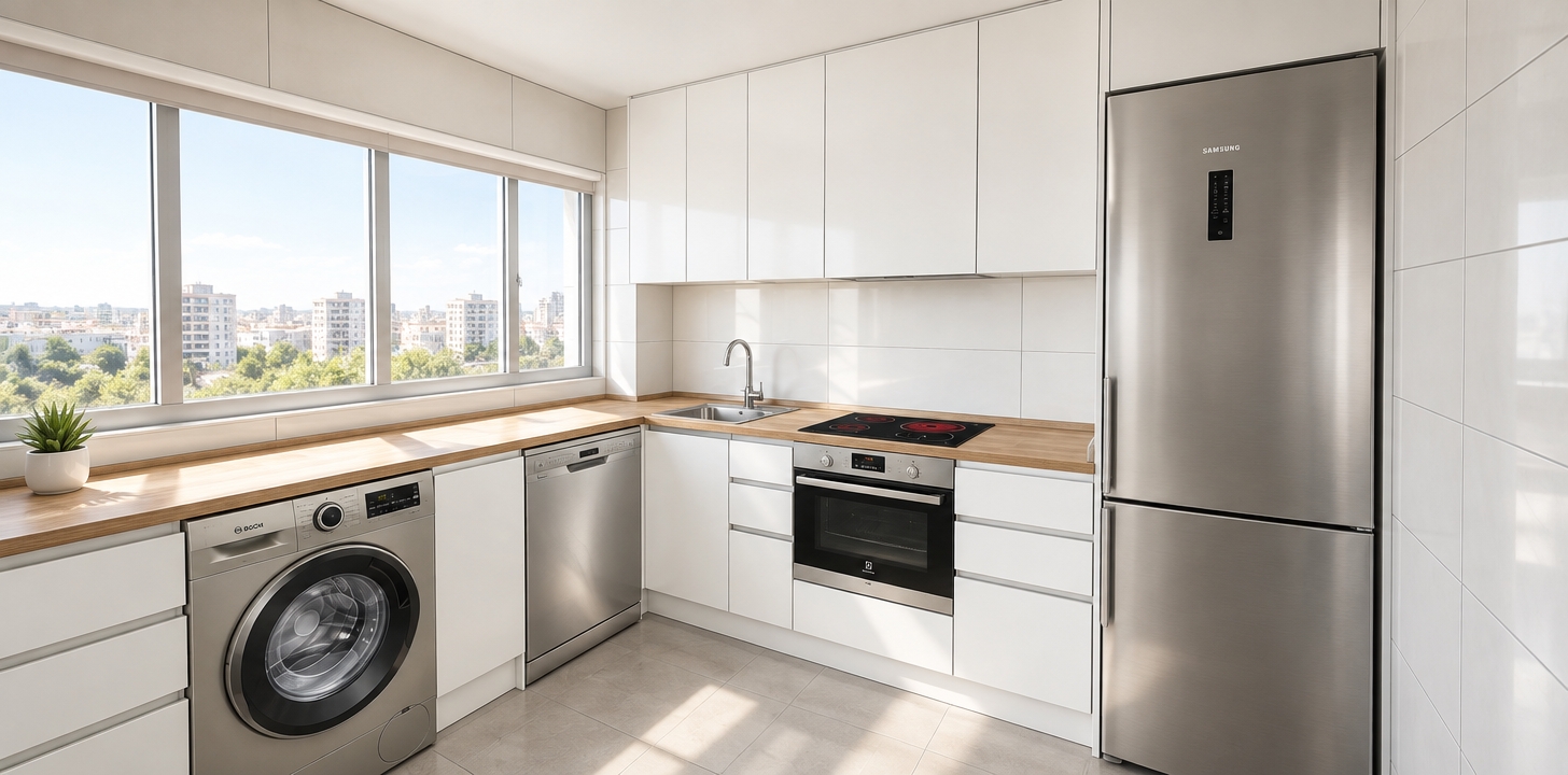An incredibly lifelike, richly detailed, photorealistic interior perspective of a modern fusion kitchen set in an urban apartment during a bright summer midday. The scene is illuminated by soft, diffused natural light pouring in from the large window, creating a crisp, airy, and inviting atmosphere. Captured with a 24mm wide-angle lens, the composition emphasizes the clean geometry of the modular cabinetry and the tactile warmth of the natural wood-grain countertop.

The kitchen features a sophisticated palette of matte white cabinetry contrasted against industrial-inspired brushed stainless steel appliances, including the integrated washing machine, dishwasher, oven, and tall refrigerator. A sleek, chrome-finish faucet stands as a refined focal point above the sink area, while the large-format light grey floor tiles ground the space in minimalism. A touch of life is introduced via a small, vibrant potted succulent resting near the window, providing a organic splash of green against the geometric white-tiled walls. The space feels both highly functional and stylishly curated, with smooth surfaces that capture subtle, soft-focus reflections, perfectly balancing contemporary utility with an elegant, uncluttered design language.