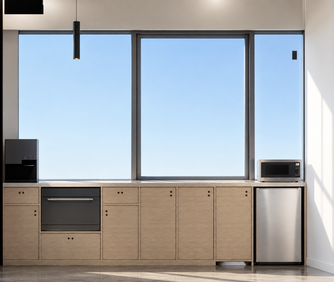 An incredibly lifelike, richly detailed, photorealistic eye-level interior shot of a bespoke kitchenette in a serene, minimalist office haven. The scene is illuminated by the soft, diffused glow of natural daylight streaming through the expansive, floor-to-ceiling windows, which frame a crisp, clear, azure sky, creating a tranquil and highly productive atmosphere. Captured with a 35mm lens, the rendering emphasizes the fine, horizontal grain of the light oak cabinetry, which features clean, modern silhouettes and subtle, circular hardware that punctuates the minimalist aesthetic. To the left, a matte black professional coffee machine sits elegantly atop the counter, balancing the sleek, charcoal-toned built-in oven integrated seamlessly into the base units. On the far right, a compact, stainless-finish microwave rests above a slim, under-counter refrigerator, their metallic surfaces reflecting the clean, neutral lines of the room. A solitary, matte black cylindrical pendant light hangs with architectural precision from the ceiling, its form echoing the contemporary geometry of the space. The composition is perfectly balanced, showcasing a sophisticated play of depth and texture—from the tactile warmth of the wood finish to the sharp, clean edges of the window mullions—resulting in a workspace that feels curated, airy, and impeccably refined.