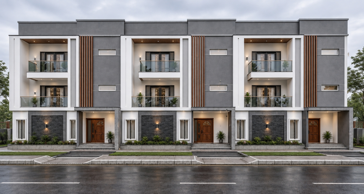 An eye-level architectural photograph of the modern townhouse row captured in soft, diffused daylight to eliminate harsh cast shadows and blown-out highlights. The facade reveals realistic textures across the matte white plaster, smooth gray concrete panels, vertical timber slats, and dark textured lower-level masonry. Railing and window glass subtly reflect the neutral, overcast sky without strong glare, while the wooden entrance doors display an authentic satin sheen. The foreground pavement and concrete entry steps exhibit fine surface imperfections, illuminated by balanced ambient light with neutral color temperature and crisp architectural clarity throughout.