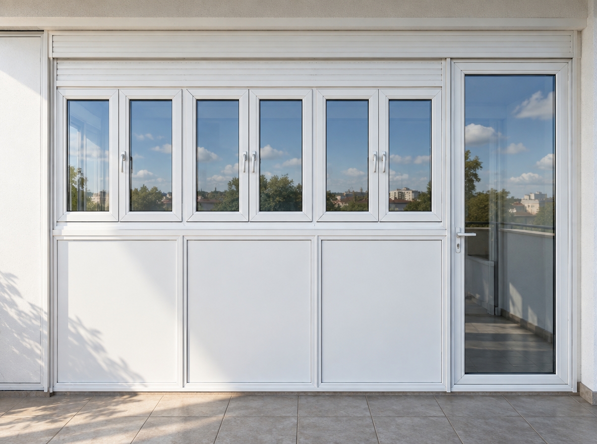 A straight-on, eye-level architectural photograph of the white PVC enclosure system, preserving the exact layout of the three lower solid white base panels, three dual-sash upper tilt-and-turn windows, and the tall single glass door on the right. The frames feature a clean, satin-white finish with subtle seam lines, standard metal handles, and integrated roller shutter guides, housing clean transparent double-glazed panes that exhibit realistic sky reflections, mild refractive depth, and faint dust specks. Bright, natural daytime exterior light washes across the structure, creating soft directional highlights and subtle cast shadows, captured with a sharp 50mm lens, balanced neutral color balance, fine surface textures, and minimal film grain.