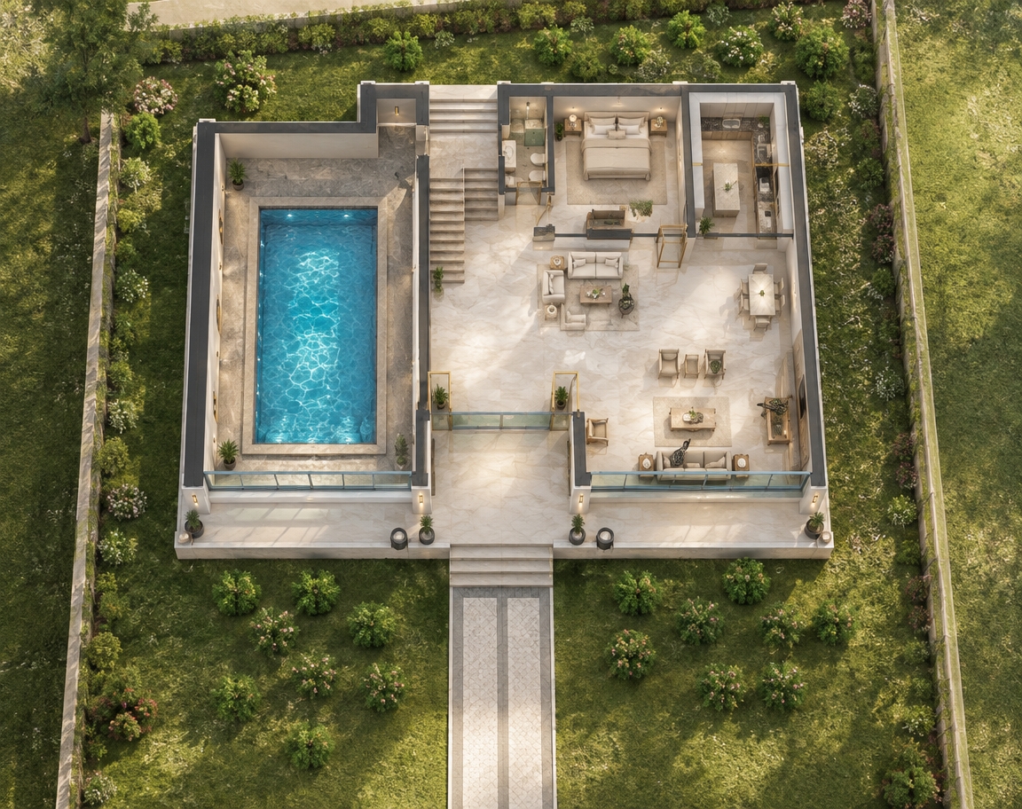 An incredibly lifelike, richly detailed, photorealistic wide-angle interior photograph of the grand open-concept living and reception hall inside a luxury neoclassical-modern fusion villa, set in a private, sunlit spring garden estate. The scene is illuminated by radiant midday sunlight pouring through expansive glass façades complemented by soft, warm architectural lighting, creating a bright, sophisticated, and tranquil resort-like atmosphere. Captured with a professional full-frame camera and a 24mm tilt-shift architectural lens, emphasizing mirror-polished crema marfil marble flooring, crisp classical wall paneling, and plush tailored upholstery. Through a massive, seamless glass partition on the left, the crystal-clear turquoise waters of the indoor swimming pool cast dancing light reflections across textured stone surfaces, while the adjacent floating staircase leads gracefully upward past the private master suite. Open sightlines connect the living salon seamlessly toward the rear designer kitchen and the sun-drenched garden terrace, perfectly realizing the villa's balanced layout with tactile realism and refined elegance.