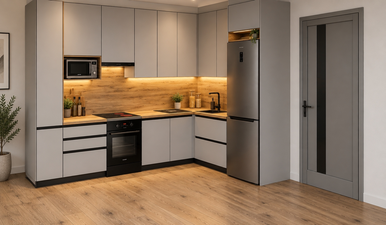 A professional architectural photograph capturing the exact kitchen layout, camera angle, and perspective shown, transforming the modern L-shaped cabinetry into real matte light-gray laminate with natural wood-grain countertops, backsplash, and flooring. Warm, hidden under-cabinet LED strip lighting illuminates the wooden backsplash and work area, casting soft highlights and gentle shadows across tasteful minimal countertop decor, a realistic induction cooktop, and an integrated black sink. The tall metallic refrigerator, built-in oven, microwave, and adjacent modern interior door feature authentic material reflections and subtle tactile imperfections, captured with sharp focus, realistic indoor ambient lighting, balanced dynamic range, and natural depth of field.