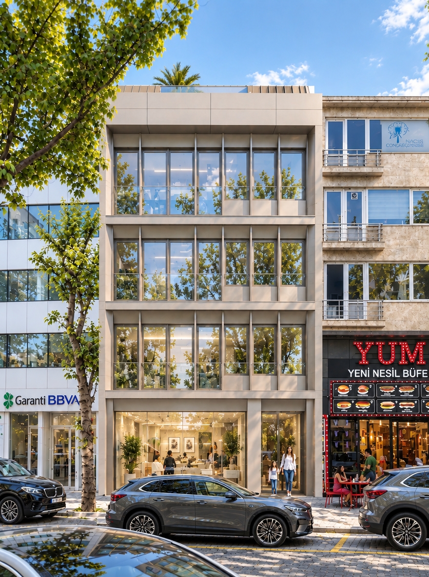 An incredibly lifelike, richly detailed, photorealistic eye-level architectural shot of a boutique multi-story office building set in an active urban streetscape. The scene is illuminated by bright, clear natural daylight that reflects surrounding green foliage off expansive floor-to-ceiling windows, creating an airy, sophisticated, and understated atmosphere. Captured with a professional architectural tilt-shift lens, emphasizing the clean-lined symmetry of the champagne and soft gray paneling, vertical louvers, and polished stone cladding. Through the transparent, light-filled ground-floor retail and lobby interior, curated contemporary elegance is revealed with warm white and pearl finishes, sculptural ambient lighting, slim metal accents, tailored upholstered seating, and modern display tables subtly adorned with abstract wall art and art photography books.