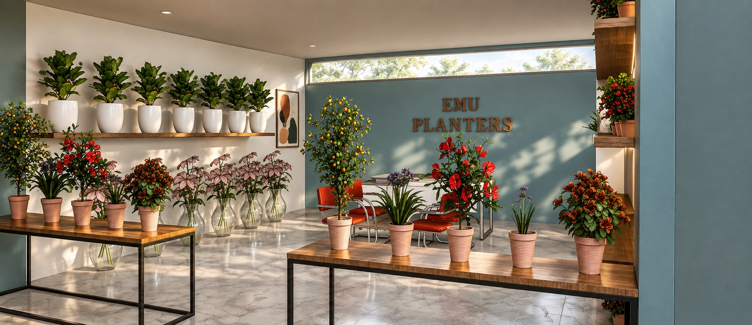 An incredibly lifelike, richly detailed, photorealistic interior shot of a sophisticated botanical showroom set in an urban retail environment. The scene is illuminated by soft, natural light filtering through high clerestory windows, creating a warm, inviting, and uncluttered atmosphere. Captured with a 35mm lens, emphasizing the fine grain of polished walnut display tables and the cool, veined texture of white marble flooring, this space perfectly embodies mid-century modern design principles. 

The composition is grounded by sleek, linear metal-framed furniture that anchors an array of organic indoor plants, ranging from lush potted greens to vibrant red-bloomed specimens. The walls, finished in a serene, muted blue, provide a calming backdrop for the bold "EMU PLANTERS" signage. Abstract wall art and subtle earth-toned accents complement the curated collection of teak and walnut accents, while glass vases catch the light with crystalline clarity. The overall aesthetic is one of timeless, functional elegance, where every element—from the repetition of the plant displays to the minimalist seating area—is arranged to create a harmonious, professional, and tranquil customer experience.