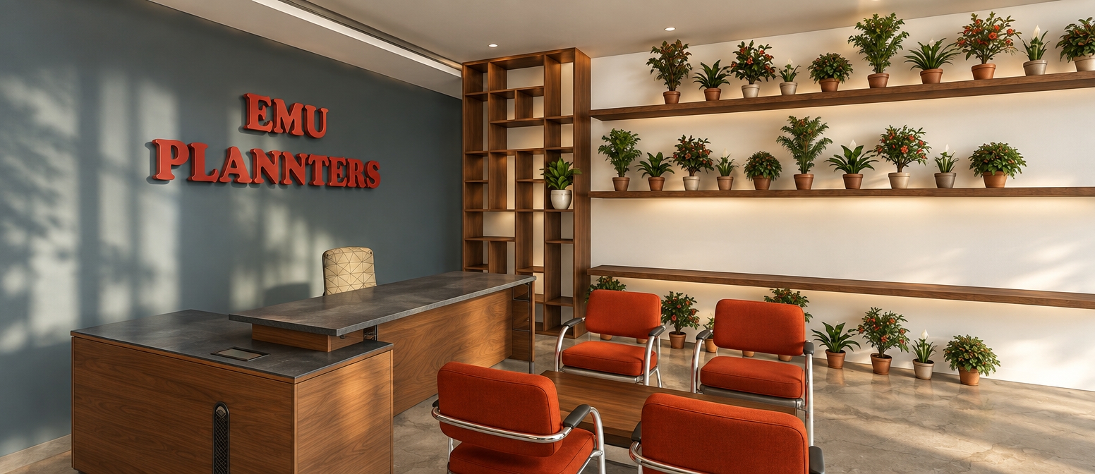 An incredibly lifelike, richly detailed, photorealistic interior perspective of a boutique botanical design studio set in a high-end commercial district. The scene is illuminated by soft, natural morning light filtering through unseen floor-to-ceiling windows, creating a serene and welcoming atmosphere. Captured with a 35mm wide-angle lens, emphasizing the warm teak wood shelving, the velvety texture of the vibrant red upholstery, and the organic, earthy tones of the curated indoor plant collection.

The office exudes a refined mid-century modern aesthetic, anchored by a sleek, custom walnut reception desk that sits in perfect contrast to the muted, slate-blue feature wall bearing the "EMU PLANNTERS" signage in crisp, dimensional lettering. A tall, open-grid architectural shelving unit acts as a visual bridge, leading the eye toward the expansive display wall where rows of flourishing potted plants rest on minimalist walnut planks. The space is entirely uncluttered, prioritizing clean lines and functional elegance. Beneath, the floor features a sophisticated, polished concrete finish with subtle marbling, grounding the lively pops of orange and red found in the iconic, ergonomically designed guest seating. The composition is balanced and airy, reflecting a timeless, organic design philosophy where every element—from the abstract geometric office chair to the rhythmic placement of greenery—is placed with intentionality to inspire creativity.
