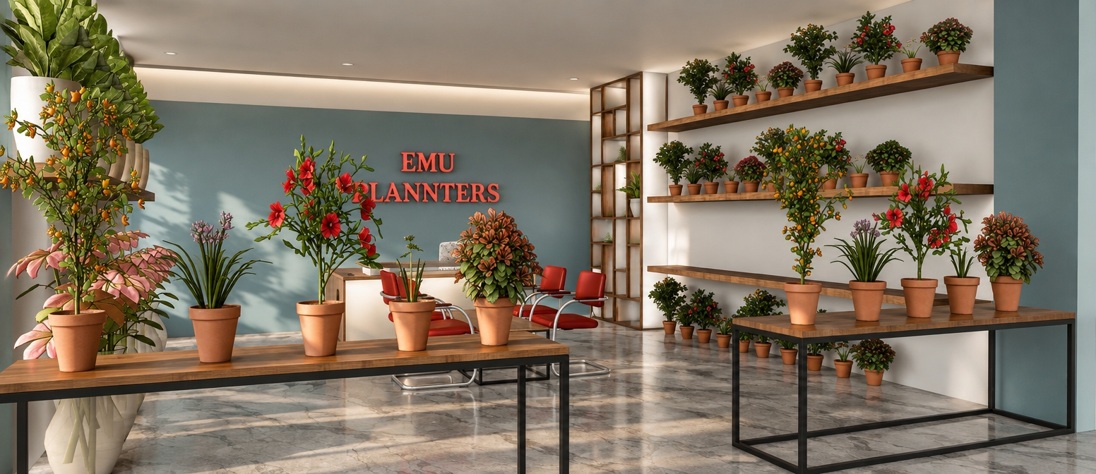 An incredibly lifelike, richly detailed, photorealistic interior shot of a sophisticated botanical showroom set in a serene, urban commercial space. The scene is illuminated by soft, natural light streaming through an unseen window, creating a serene and inviting atmosphere. Captured with a 35mm lens, emphasizing the rich wood grains and the vibrant, organic textures of the curated indoor greenery.

The space exudes a timeless mid-century modern aesthetic, defined by clean, linear teak consoles with slim, matte-black metal frames. These sleek surfaces provide a clutter-free stage for an array of terracotta-potted flora, creating a harmonious balance between organic life and structured design. The backdrop features a soothing, muted blue feature wall, punctuated by striking, high-contrast signage that anchors the room. In the mid-ground, minimalist chrome and red leather guest chairs complement the retro-inspired office area, while high, floating walnut shelves display a rhythmic progression of lush, leafy plants. The floor, finished in a polished stone with subtle grey veining, reflects the diffused light, enhancing the room's airy, uncluttered feel and highlighting a palette of warm earth tones, deep oranges, and cool blues that define this refined, functional sanctuary.