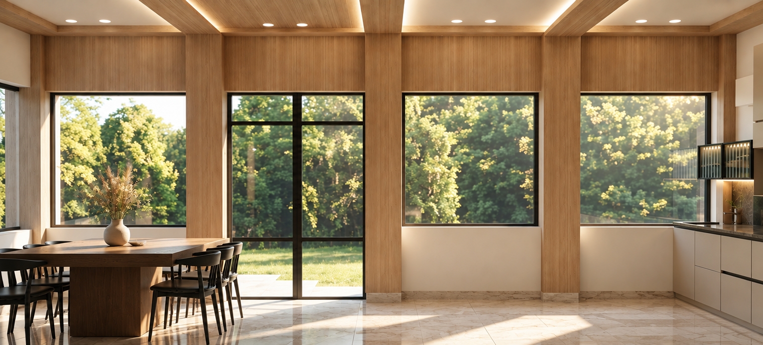 An incredibly lifelike, richly detailed, photorealistic eye-level interior shot of a serene, minimalist dining space set in a tranquil, sun-drenched woodland environment. The scene is illuminated by the soft, golden glow of late afternoon sunlight filtering through the dense canopy outside, creating a calm, "digital zen" atmosphere. Captured with a high-end architectural 35mm lens, emphasizing the tactile warmth of vertical wood-paneled walls and the polished, veined marble flooring that reflects the crisp, clean geometry of the room. 

In place of the former seating area, a sleek, deep brown countertop anchors the left side of the frame, paired with sculptural black chairs that offer a bold, modern contrast. Resting atop the dining surface, a minimalist ceramic vase holds an arrangement of delicate, dried botanical stalks, casting faint, elongated shadows across the warm wood finish. The floor-to-ceiling windows, framed in matte black metal, serve as a seamless transition to the lush, vibrant greenery outside, while recessed ceiling lighting creates soft, linear highlights along the overhead wooden beams, enhancing the overall sense of depth and architectural precision.