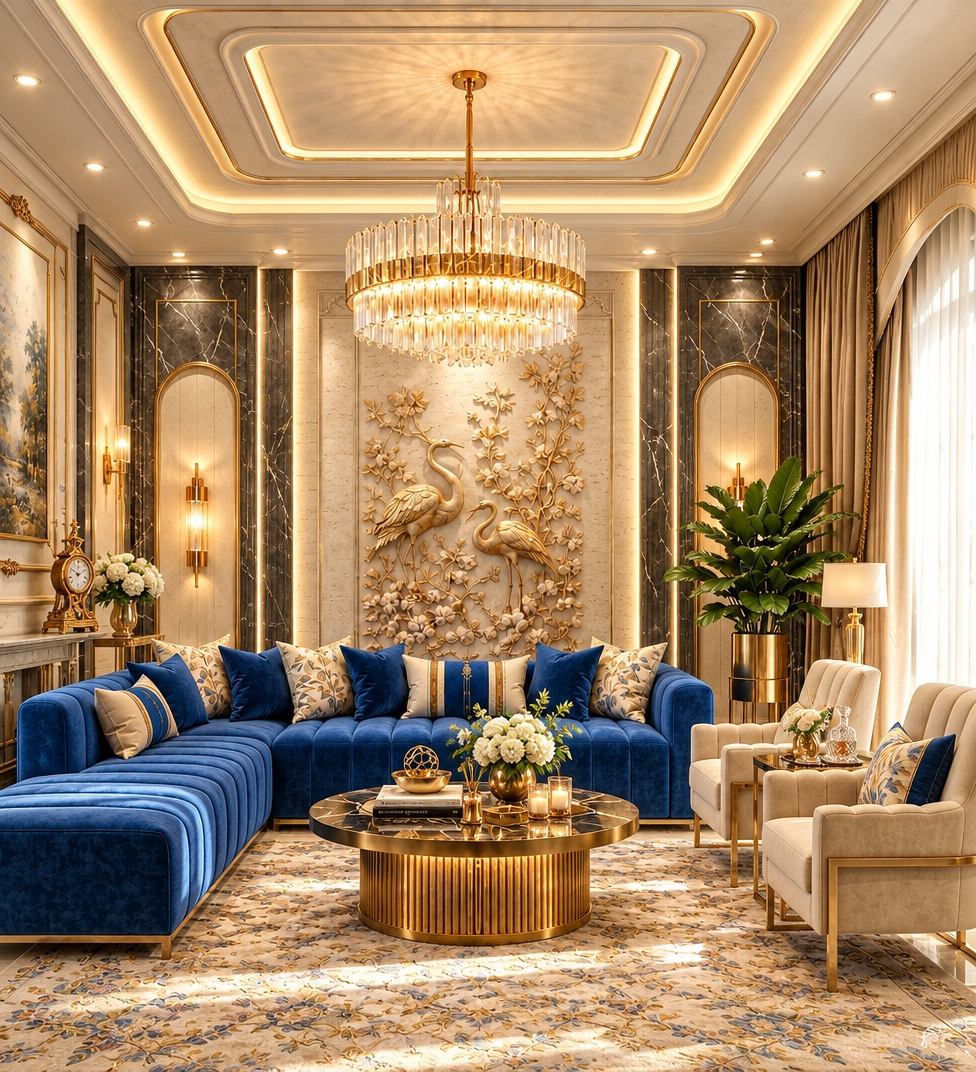 An incredibly lifelike, richly detailed, photorealistic interior shot of a sophisticated living room set in a luxurious, neo-classical villa. The scene is illuminated by a warm, golden glow radiating from the tiered crystal chandelier and recessed LED coves, creating a lavish, inviting atmosphere. Captured with a 35mm wide-angle lens, emphasizing the deep textures of the royal blue velvet upholstery, the polished gold-fluted coffee table, and the intricate bas-relief heron sculpture. 

The room exudes French country charm through a refined, modern lens; ornate boiserie panels are finished in high-contrast charcoal marble and creamy stone, while soft sunlight filters through sheer champagne-toned drapery. A delicate, hand-knotted silk rug grounds the space, scattered with subtle floral motifs that echo the nature-inspired relief on the back wall. Every surface—from the brushed brass wall sconces to the ornate mantel clock—reflects the warm ambient light, creating depth and dimension. Lush, vibrant greenery in a metallic planter adds a breath of organic vitality, perfectly balancing the opulence of the furnishings and the precise, symmetrical composition of the space.
