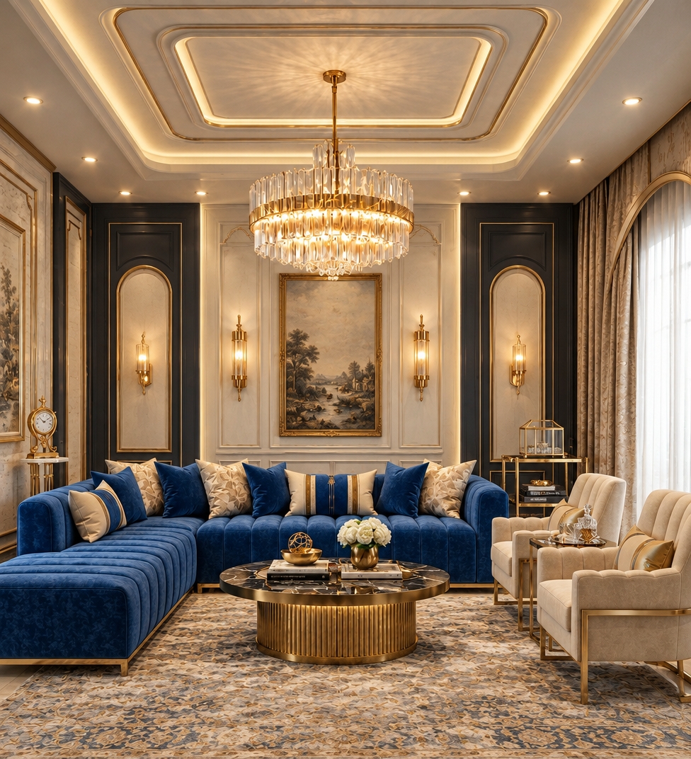 An incredibly lifelike, richly detailed, photorealistic eye-level interior shot of a palatial living room set in a refined, modern-French country estate. The scene is illuminated by the golden, layered glow of a tiered crystal chandelier and soft perimeter cove lighting, creating a warm, opulent, and sophisticated atmosphere. Captured with a 35mm wide-angle lens, emphasizing the crisp contrast between the deep royal blue velvet upholstery and the refined, monochromatic wall palette.

The central focal point has been transformed into a masterful composition of dark, polished charcoal marble panels framing a central feature wall of light, creamy limestone. This creates a dramatic, vertical rhythm, punctuated by ornate, hand-carved bas-reliefs of graceful herons nestled amidst botanical vines, finished in a muted, elegant gold. The French country charm is elevated through the integration of classic moldings and gilded accents that harmonize with the contemporary plush sofa and metallic circular coffee table. Rich textures—from the brushed gold hardware to the intricate, mottled pattern of the area rug—are rendered with sharp clarity, while the soft diffusion of natural light through the side curtains adds a sense of airy depth to this grand, meticulously curated space.