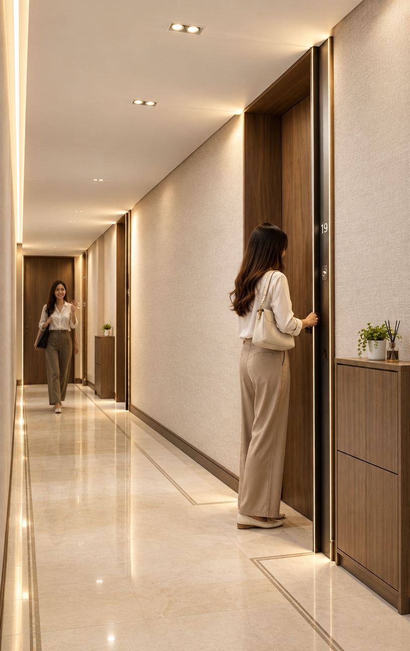 An incredibly lifelike, richly detailed, photorealistic eye-level shot of an exclusive apartment corridor in Surabaya set in a high-end residential complex. The scene is illuminated by warm, soft recessed ceiling lights and subtle cove lighting, creating a serene, contemporary elegance atmosphere. Captured with a 35mm lens, emphasizing the fine texture of the light cream 50x50cm granite floor tiles, the rich walnut wood grain of the door frames, and the clean, matte finish of the fabric-textured wall coverings.

The composition follows a precise linear perspective, drawing the eye down the perfectly centered granite path. To the right, a woman is captured in a natural moment, gracefully opening her door while a sleek, 50cm-wide minimalist shoe cabinet—finished in a matching wood tone—stands discreetly beside it, maintaining a clutter-free aesthetic. In the soft-focus distance, a second woman walks toward the foreground, a friendly greeting implied in her posture as she approaches. The interplay between the neutral color palette and the sharp, minimalist lines provides a sense of airy spaciousness, evoking the sophisticated, quiet luxury of a boutique hotel lobby on a bright, peaceful spring midday.