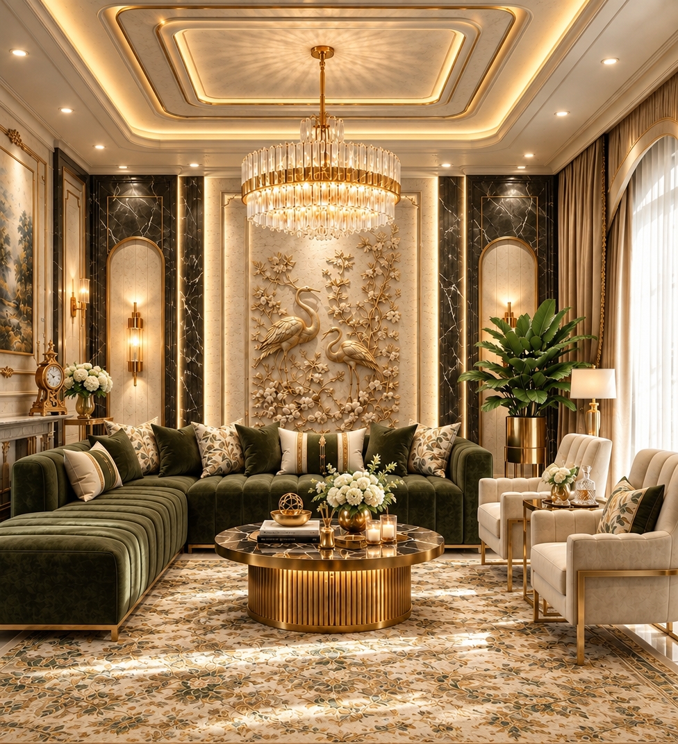 An incredibly lifelike, richly detailed, photorealistic wide-angle interior shot of a grand living room set in a sophisticated, French country-inspired estate. The scene is illuminated by warm, honey-toned recessed cove lighting and the brilliant, multifaceted glow of a cascading crystal chandelier, creating an opulent and inviting atmosphere. Captured with a 35mm lens, emphasizing the velvety texture of the new deep olive green velvet sofa and the high-contrast drama of the reimagined back wall.

The space radiates refined elegance, featuring a transformed feature wall that blends dramatic charcoal-grey marble panels with creamy, hand-carved limestone reliefs, creating a sharp, luxurious contrast that frames the ornate golden crane sculpture. The olive green sectional provides a rich, earthy anchor to the room, perfectly complementing the intricate, cream-and-gold floral area rug. The composition is balanced by twin tufted armchairs in soft parchment tones, positioned around a gleaming gold-fluted coffee table. Every detail—from the soft, diffused natural light filtering through sheer curtains to the crisp reflections on the polished marble and brass accents—evokes a sense of timeless, high-end residential luxury.