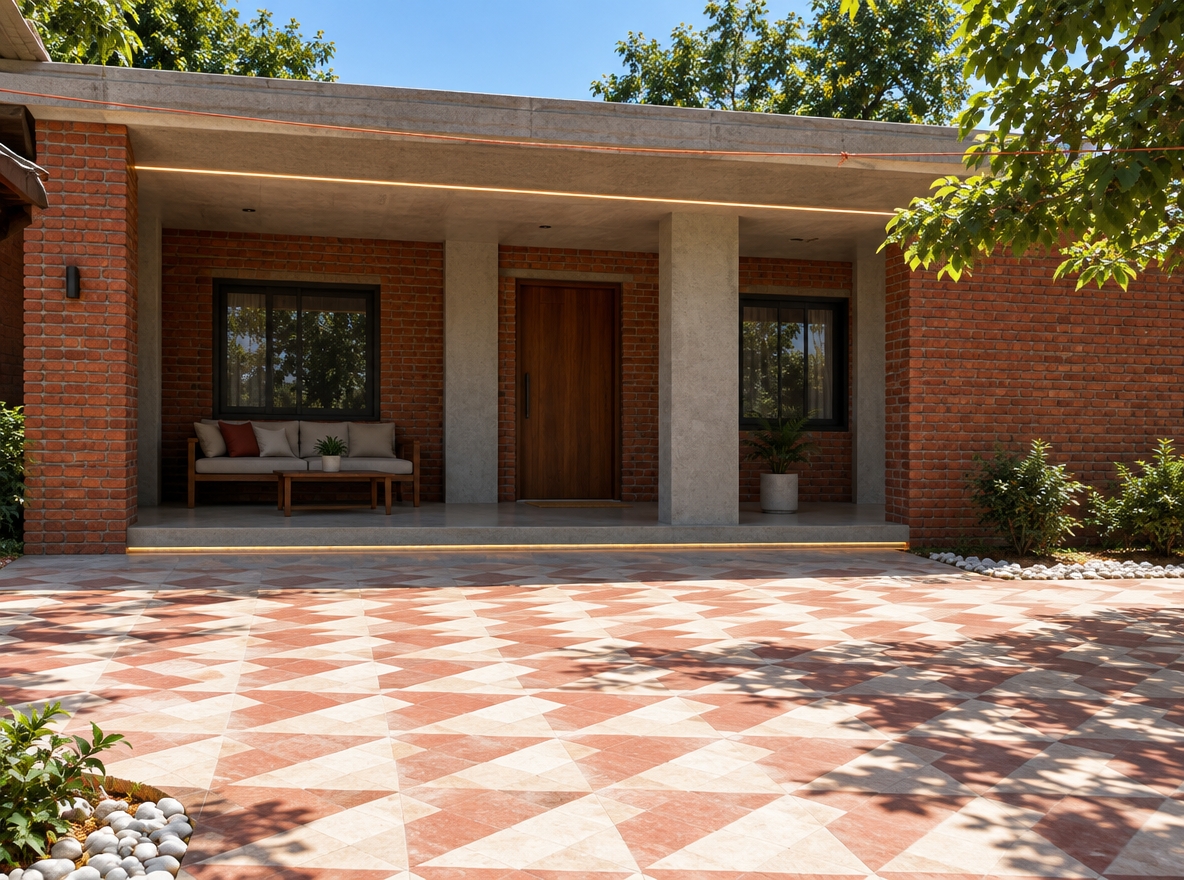 An incredibly lifelike, richly detailed, photorealistic architectural wide-angle shot of a modern fusion house exterior, set in a sun-drenched, tranquil courtyard. The scene is illuminated by the harsh, vertical light of a clear summer midday, casting sharp, dramatic shadows and creating an atmosphere of quiet, pristine serenity. Captured with a 35mm lens, emphasizing the tactile interplay between the rugged, warm-toned red brickwork and the sleek, smooth finish of contemporary concrete elements.
The architecture is a study in material contrast. The building facade maintains its rustic, authentic charm through exposed, deep-red clay bricks laid in traditional coursing, now refined with modern concrete structural columns and lintels that frame the entrance. The porch area has been transformed into a sophisticated lounge space; clean, smooth concrete surfaces define the floor and walls, providing a sharp, minimalist counterpoint to the organic texture of the masonry. Integrated LED strip lighting is recessed into the eaves and tucked along the base of the porch, casting a soft, golden glow that cuts through the harsh daylight, hinting at a warm, inviting interior.
The landscaping has been meticulously upgraded to reflect a modern fusion aesthetic. The ground is now finished with a refined pavement of high-quality stone tiles, featuring a vibrant, alternating geometric pattern of red and white "flavour" tiles—a playful yet elegant nod to the building’s material palette. The transition between the pavement and the natural garden edges is softened by a scattering of polished, smooth white stones that catch the sun.
The building’s design respects the original proportions while introducing a modern human-centric flow. The interplay of the solid, heavy red brick and the light, structural concrete provides a sense of balance. An orange string line still hangs lightly across the frame, adding a touch of lived-in reality to the otherwise polished, architecturally aspirational renovation. The surrounding environment, including a glimpse of lush, leafy green foliage from nearby trees, frames the structure, making the house feel nestled and integrated within its natural, quiet neighborhood setting. The overall effect is one of a rustic home evolved into a contemporary retreat, where traditional craftsmanship meets modern, clean-lined design.