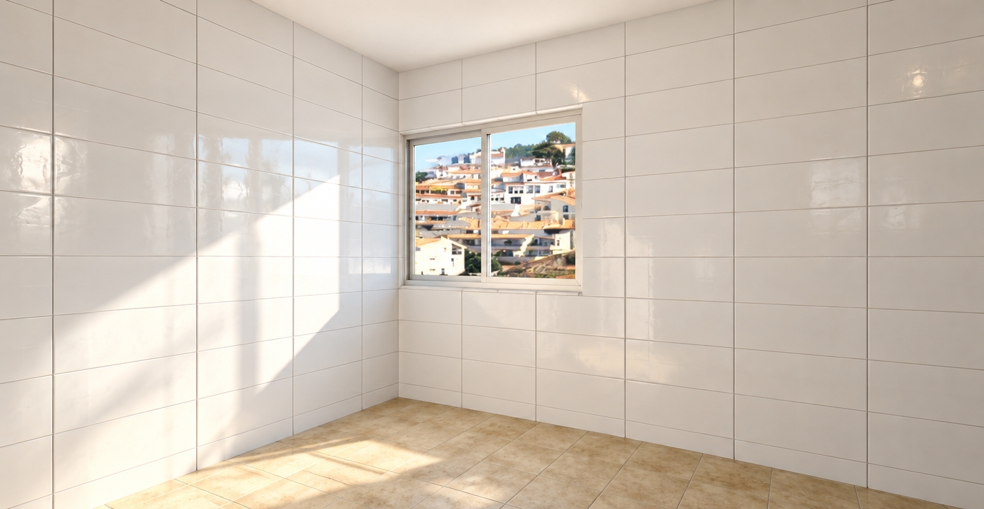 A crisp photorealistic interior photograph preserving the exact geometry and composition, featuring glossy white ceramic wall tiles with realistic grout lines and subtle specular reflections. The matte beige floor tiles display authentic stone-ceramic textures and gentle tonal variations. Bright, warm daylight streams naturally through the window framing the hillside village, casting soft shadows, realistic light falloff across the surfaces, and subtle lens bloom with faint natural grain.