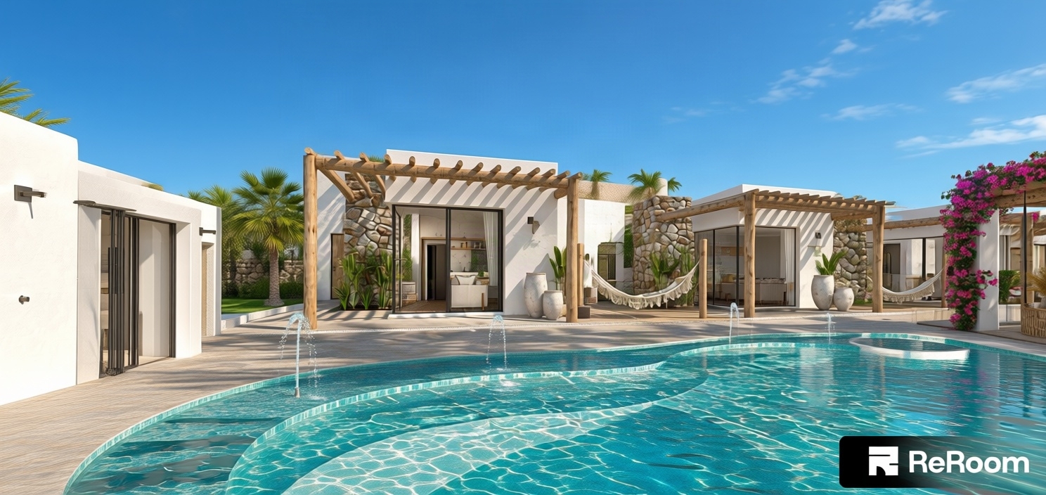 An incredibly lifelike, richly detailed, photorealistic wide-angle shot of a serene Mediterranean retreat set in a sun-drenched coastal landscape. The scene is illuminated by the brilliant, crisp light of high midday, creating a warm, inviting atmosphere with sharp, deep shadows that emphasize the architectural textures. Captured with a professional 24mm wide-angle lens, the composition highlights a series of whitewashed villas adorned with rustic timber pergolas and natural stone feature walls. The foreground features an organic, curvilinear infinity pool with crystal-clear turquoise water, punctuated by delicate fountain sprays that catch the sunlight. The aesthetic balances earthy, aged terracotta tones with cool blue accents and lush green indoor plants peering through floor-to-ceiling glass sliding doors. Hand-woven hammocks sway gently under the shaded structures, while climbing bougainvillea in vibrant fuchsia drapes over the pergolas, lending a casual, bohemian charm to the refined, minimalist design. The ground is paved in smooth, cool-toned stone, providing a grounded contrast to the airy, sun-kissed architecture.