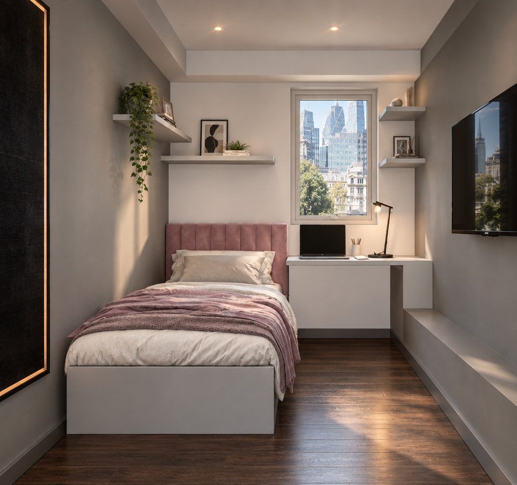 An incredibly lifelike, richly detailed, photorealistic interior shot of a contemporary urban bedroom set in a high-rise city apartment. The scene is illuminated by the soft, natural glow of daylight filtering through the window, accented by warm recessed ceiling lights and a sleek desk lamp, creating a serene and focused atmosphere. Captured with a 35mm wide-angle lens, the image emphasizes the smooth, matte textures of the grey walls and the plush, velvet-upholstered dusty pink headboard that anchors the space. 

The room is a masterclass in modern fusion, balancing industrial-inspired clean lines with a cozy, modular layout. A dark oak wood floor flows seamlessly beneath the bed, while a compact, custom-built floating desk sits nestled by the window, which offers a breathtaking, sharp-focus view of iconic city skyscrapers. Minimalist floating shelves provide a geometric rhythm against the white accent wall, adorned with a few select pieces of abstract art and a trailing vine of lush, vibrant greenery that breathes life into the monochromatic palette. The transition between the bold black framing elements and the soft, layered linens on the bed creates a sophisticated, high-contrast aesthetic that feels both dynamic and deeply inviting.