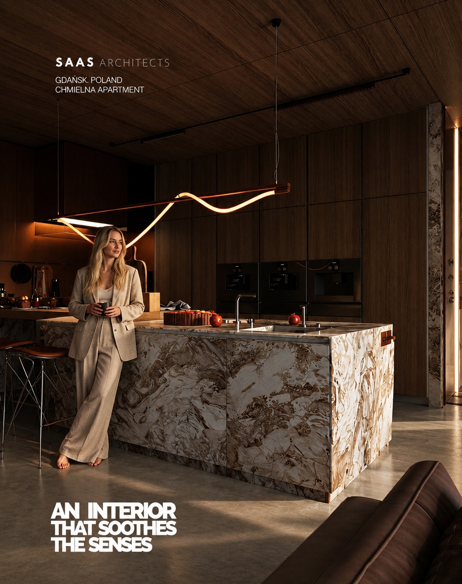 Hyper-realistic architectural interior photography refinement based strictly on the reference image.
ABSOLUTE PRESERVATION:
The existing architecture, layout, geometry, proportions, furniture placement, camera position, camera height, focal length, perspective, composition, framing, spatial relationships, and any existing rug remain completely unchanged.
Do not alter, redesign, reinterpret, relocate, resize, replace, remove, add, simplify, or reconstruct any architectural element, furniture, decoration, object, fixture, appliance, opening, wall, ceiling, floor geometry, kitchen island, cabinetry, doors, windows, or built-in element.
Do not change the camera angle or viewpoint in any way.
Do not crop, zoom, pan, tilt, rotate, dolly, shift, or reframe the image.
The original composition must remain exactly the same.
Only improve photographic realism, surface realism, material depth, human realism, texture quality, and physically accurate light–material interaction.
No redesign.
No reinterpretation.
No creative alteration.
No change to the architecture.
No change to the furniture layout.
No change to the composition.
The final image must remain visually identical in architecture and composition to the reference image, with only the requested material and human-realism refinements applied.
PHOTOGRAPHIC INTENT:
Transform the reference into an ultra-realistic, high-end editorial architectural photograph.
The image must look like a real professional architectural interior photograph captured on a full-frame professional camera, not a 3D render or CGI visualization.
Preserve the exact architectural design while upgrading the visual realism to an extremely sophisticated photographic level.
The final result should resemble a luxury architectural editorial photographed for a premium architecture or interior-design magazine.
Natural photographic imperfections, physically accurate materials, realistic light falloff, authentic reflections, subtle lens characteristics, realistic depth, and organic micro-detail.
No artificial perfection.
No CGI appearance.
No digital illustration.
No stylization.
OVERALL MOOD:
Dark, moody, low-key interior photography with a refined, intimate, sophisticated atmosphere.
The interior should feel warm, quiet, luxurious, tactile, calm, and naturally lived-in.
Maintain deep blacks and controlled shadows while preserving sufficient detail in dark areas.
Subtle natural lens vignette gently darkens the outer edges of the frame while keeping the central architectural composition clear and detailed.
Use restrained cinematic underexposure without destroying material information.
The image should feel sophisticated and atmospheric rather than dramatically stylized.
No excessive contrast.
No crushed shadow detail.
No artificial HDR.
No exaggerated cinematic effects.
LIGHTING:
Physically accurate architectural photography lighting.
Use deliberate cinematic underexposure while maintaining realistic exposure relationships between the interior, woman, furniture, walls, floor, and architectural elements.
Warm artificial lighting approximately 2700–3000K remains restrained, soft, directional, and realistic.
The warm artificial light should gently graze the walnut surfaces and architectural elements, revealing the natural grain, pores, subtle surface imperfections, and material depth primarily through controlled highlights and shadows.
Natural sunlight remains present and readable.
Soft natural daylight enters the space naturally and interacts with the floor, kitchen island, walnut cabinetry, walls, furniture, and the woman.
Natural daylight should create subtle controlled highlights, soft shadows, realistic reflections, and believable colour transitions.
Global illumination must remain physically correct but restrained.
Use realistic indirect bounce light, subtle ambient occlusion, physically accurate shadow density, realistic light falloff, and natural reflected colour from the walnut surfaces.
No dramatic artificial beams.
No theatrical lighting.
No glowing objects.
No excessive bloom.
No lens flare.
No stylized lighting effects.
FLOOR – LIGHT POLISHED CONCRETE:
The floor is replaced with light warm grey polished concrete while preserving the exact existing floor geometry, perspective, dimensions, joints, transitions, and spatial relationships.
Surface tone:
Soft light grey with subtle warm undertones and delicate natural tonal variation.
Avoid cold blue-grey coloration.
Finish:
Smooth, dense, mechanically polished concrete with a refined satin sheen.
Not mirror-like.
Not glossy.
Not wet-looking.
Micro-texture:
Visible fine aggregate.
Subtle mottling.
Very fine tonal variation.
Faint trowel marks.
Natural microscopic irregularities.
Subtle pores and mineral variation.
Reflectance:
Physically accurate low-to-medium reflectivity.
Light sources and surrounding architecture may create soft, broad, blurred reflections.
Reflections must never appear sharp, mirror-like, metallic, or artificially glossy.
Light interaction:
Grazing light gently reveals subtle surface variation, micro-imperfections, and fine texture.
The floor should feel heavy, mineral, tactile, architectural, and genuinely physical.
No wet look.
No high gloss.
No artificial uniformity.
No plastic appearance.
No CGI floor texture.
WALLS & CABINET FRONTS – PREMIUM DARK AMERICAN WALNUT VENEER:
All wall cladding, full-height wall panels, cabinet fronts, tall units, millwork, doors, built-ins, and all existing wood-finished architectural elements are finished in premium natural American Black Walnut veneer (Juglans nigra).
Preserve the existing design, proportions, panel layout, joint pattern, dimensions, geometry, doors, openings, and architectural composition exactly as shown in the reference image.
Use authentic architectural-grade natural walnut veneer with a rich, deep brown base and subtle warm undertones.
The overall colour should range naturally from dark chocolate brown to deep espresso brown, with slightly lighter warm brown variations naturally occurring within the grain.
The wood must have a sophisticated dark luxury appearance without becoming black.
Maintain enough tonal variation and surface depth for the natural walnut grain to remain clearly visible under both natural daylight and warm artificial lighting.
AUTHENTIC VENEER:
Use authentic book-matched or carefully slip-matched natural veneer.
Maintain continuous grain flow across adjacent wall panels, cabinet fronts, doors, and millwork.
The result should resemble bespoke high-end custom architectural joinery.
Natural American Black Walnut characteristics:
- rich chocolate and espresso-brown coloration
- subtle warm brown undertones
- muted caramel undertones in selected areas
- refined flowing grain
- naturally irregular growth patterns
- occasional subtle cathedral grain formations
- fine open pores
- subtle mineral variation
- realistic darker and lighter grain transitions
- authentic veneer seams
- realistic panel transitions
- natural variation between individual veneer sheets
The grain should remain elegant, relatively calm, refined, and architectural.
Avoid excessively dramatic rustic patterns.
The overall appearance must feel contemporary, sophisticated, expensive, restrained, and highly crafted.
COLOR CONSISTENCY:
Maintain a coherent dark walnut palette across all wood surfaces.
Do not introduce:
- reddish mahogany
- orange wood
- yellow oak
- grey wood
- artificial black wood
- flat dark brown
- overly red tones
- overly orange tones
The walnut should remain unmistakably natural American Black Walnut.
The veneer should appear naturally stained only enough to achieve the desired deep walnut tone while preserving the authentic optical depth, pore structure, grain variation, and dimensional character of real walnut.
FINISH:
Ultra-high-quality matte-to-satin clear lacquer, approximately 5–10 GU.
The finish should softly diffuse incoming light while preserving:
- tactile character
- pore structure
- grain depth
- natural dimensionality
- subtle surface imperfections
- authentic wood texture
The surface must never appear:
- glossy
- plastic
- laminated
- artificially black
- overly polished
- synthetic
- flat
- CGI-generated
LIGHT INTERACTION WITH WALNUT:
Warm ambient light creates subtle, soft highlights along the walnut grain.
Natural daylight reveals slightly cooler brown variations and three-dimensional veneer depth.
Grazing light emphasizes:
- pores
- grain direction
- veneer transitions
- subtle panel joints
- tiny surface irregularities
- natural tonal variation
Reflections remain broad, soft, restrained, and physically accurate.
No repeating texture.
No cloned grain.
No procedural-looking wood.
No artificial symmetry.
No laminate appearance.
No flat brown colour.
No excessive red.
No excessive orange.
No fake CGI wood.
The walnut must remain visually consistent throughout the image, with the same species, coloration, finish, grain character, and material identity.
MATERIAL REALISM:
All materials must exhibit physically accurate behaviour under the existing lighting.
Upholstered fabrics exhibit realistic textile density, visible individual fibres, soft light absorption, natural creasing, subtle compression, and realistic shadow behaviour.
Stone surfaces appear heavy, tactile, mineral, and physically dense, with true depth, micro-porosity, subtle tonal variation, and uneven reflectance revealed only where light grazes the surface.
Glass remains physically transparent with restrained, realistic reflections and subtle refraction.
Metal surfaces remain subdued with controlled specular highlights.
No material should appear excessively glossy or artificially perfect.
Every surface should contain subtle real-world micro-imperfections appropriate to its material.
WOMAN – EXACT SAME WOMAN AS THE PREVIOUSLY CREATED REFERENCE:
Add the SAME blonde woman from the previously created reference image.
She must visually correspond to the exact same woman previously generated.
Do NOT generate a different woman.
Preserve the same overall character, facial character, blonde hairstyle, body proportions, natural beauty, age appearance, feminine silhouette, and relaxed editorial presence.
She should look as though she is the exact same real woman photographed in another frame of the same professional architectural photoshoot.
CHARACTER CONSISTENCY:
Maintain the same:
- blonde hair character
- hairstyle
- facial proportions
- facial character
- natural expression
- body type
- body proportions
- feminine silhouette
- overall appearance
- relaxed personality
- realistic photographic quality
Do not change her into a different person.
Do not create a generic blonde model.
Do not alter her facial structure unnecessarily.
Do not make her younger or older.
Do not make her excessively glamorous.
Do not apply beauty-filter aesthetics.
APPEARANCE:
Naturally beautiful adult blonde woman.
Long, loose, softly wavy blonde hair.
Warm natural blonde colour with subtle darker blonde roots and realistic tonal variation.
Individual hair strands must be visible.
Hair should contain natural flyaway strands, subtle irregularities, realistic density, believable volume, and natural highlights.
Facial features should be refined but completely natural.
Preserve subtle natural facial asymmetry.
Skin should contain realistic pores, tiny imperfections, subtle tonal variation, believable translucency, and physically accurate subsurface scattering.
No plastic skin.
No airbrushed skin.
No artificial beauty filter.
No excessive smoothing.
OUTFIT – EXACT SAME BEIGE LINEN-LOOK TWO-PIECE SET:
The woman wears EXACTLY the same beige linen-look women's two-piece outfit previously created for her.
The outfit is a refined, relaxed, sophisticated women's linen-look set in the same style as the previously generated reference.
It consists of:
- relaxed oversized beige tailored blazer
- matching very wide-leg full-length trousers
- flowing wide trouser silhouette
- warm natural beige / sand / light taupe colour
- soft linen-look textile
- authentic woven fabric structure
- subtle visible linen fibres
- natural irregularities in the weave
- matte tactile surface
- relaxed contemporary tailoring
- understated luxury aesthetic
- effortless high-end editorial appearance
The outfit must visually match the previously created beige linen-look wide-leg two-piece set as closely as possible.
The trousers must remain VERY WIDE, flowing, relaxed, and full-length.
The trouser legs should naturally fall toward the floor with realistic weight, gravity, folds, and fabric movement.
The blazer should have a relaxed, slightly oversized silhouette with natural draping and realistic construction.
The clothing must look like genuine premium linen or a very high-quality linen-look fabric.
No synthetic appearance.
No plastic appearance.
No glossy fabric.
No excessive stiffness.
No fashion illustration.
No different outfit.
Do not replace the outfit with a dress, skirt, jeans, narrow trousers, leggings, shirt, or another fashion style.
Do not add bright colours, prints, patterns, logos, or unnecessary accessories.
The overall outfit remains understated, elegant, natural, neutral, and architectural.
BAREFOOT:
The woman is barefoot.
Her feet must be anatomically correct and naturally positioned.
Correct toes, correct proportions, natural skin texture, realistic contact with the floor.
Her feet must be firmly grounded on the polished concrete.
Use subtle physically accurate contact shadows.
No floating feet.
No distorted toes.
No anatomical errors.
POSE:
The woman stands naturally and calmly within the existing interior.
Her posture is relaxed, subtle, elegant, and believable.
Avoid a fashion-model pose.
Avoid exaggerated body language.
Avoid dramatic gestures.
Natural weight distribution between both legs.
Relaxed shoulders.
Subtle asymmetry.
Natural position of arms and hands.
Her posture should feel spontaneous and incidental, as though she is naturally inhabiting the architectural space.
She should not appear to be intentionally posing for the camera.
HUMAN SCALE:
Maintain physically correct human scale and proportions relative to:
- kitchen island
- cabinetry
- doors
- walls
- floor
- furniture
- architectural openings
- ceiling height
- surrounding objects
The woman must be correctly integrated into the spatial perspective.
No oversized body.
No undersized body.
No distorted proportions.
HYPER-REALISTIC HUMAN DETAIL:
The woman must look completely real.
Skin:
- realistic pores
- subtle fine lines
- natural imperfections
- realistic tonal variation
- believable translucency
- soft subsurface scattering
- natural highlights
- realistic shadow transitions
Hair:
- individual strands
- natural flyaway hairs
- realistic density
- physically believable volume
- subtle tonal variation
- natural highlights
- realistic interaction with ambient light
Hands:
- anatomically correct hands
- realistic fingers
- correct finger proportions
- natural joints
- subtle skin folds
- realistic nails
Feet:
- anatomically correct
- realistic toes
- realistic skin texture
- natural weight distribution
- accurate contact with floor
FACIAL REALISM:
The face must look like a real photographed person.
Maintain natural facial asymmetry and subtle imperfections.
No artificial symmetry.
No doll-like appearance.
No mannequin appearance.
No generic AI face.
No overly perfect beauty.
No waxy skin.
No excessive sharpening.
No beauty retouching.
The woman's face should retain the subtle imperfections and organic realism characteristic of an authentic professional photograph.
CLOTHING REALISM:
The linen-look fabric must behave physically like real woven fabric.
Include:
- authentic fibre structure
- subtle weave visibility
- natural wrinkles
- soft creasing
- realistic compression
- gravity-driven folds
- slight irregularity
- natural tension around elbows
- realistic folds around waist
- realistic folds around hips
- natural draping around legs
- matte light absorption
- subtle highlights only where fabric catches light
The clothing must respond naturally to gravity and body movement.
No painted fabric.
No synthetic cloth.
No plastic texture.
No perfectly smooth surfaces.
INTEGRATION WITH ARCHITECTURE:
The woman must be physically integrated into the existing interior.
She must receive exactly the same lighting conditions as the surrounding architecture.
Her skin, hair, clothing, and body must respond naturally to the same warm artificial light and natural daylight.
Use physically accurate:
- indirect illumination
- reflected light
- colour bounce
- ambient occlusion
- contact shadows
- cast shadows
- light falloff
- exposure
- depth
- atmospheric interaction
The walnut walls should subtly reflect warm tones onto her clothing and skin where physically appropriate.
The light warm-grey polished concrete should subtly reflect surrounding light without creating artificial mirror reflections.
Her presence must feel as if she was physically standing in the interior during the original architectural photoshoot.
No cutout appearance.
No pasted-on appearance.
No halo.
No edge artefacts.
No mismatched sharpness.
No mismatched colour temperature.
No mismatched exposure.
No artificial compositing.
CAMERA AND COMPOSITION:
The camera remains COMPLETELY LOCKED.
Preserve exactly:
- camera position
- camera height
- focal length
- perspective
- viewing direction
- framing
- crop
- composition
- architectural proportions
- spatial relationships
Do not move the camera.
Do not zoom.
Do not crop.
Do not change the lens.
Do not create another angle.
Do not introduce another shot.
Do not alter the perspective.
The woman must be inserted into the existing composition without changing the framing.
DEPTH OF FIELD:
Natural full-frame architectural photography depth of field.
Maintain realistic focus relationships between architecture and woman.
No artificial excessive background blur.
No cinematic fake bokeh.
No exaggerated shallow depth of field.
The image must retain sufficient architectural detail throughout the scene.
PHOTOGRAPHIC MICRO-DETAIL:
Extremely realistic micro-contrast and organic sharpness.
Natural full-frame camera rendering.
Subtle optical characteristics of a professional architectural lens.
Natural tonal roll-off.
Realistic highlight behaviour.
Realistic shadow transitions.
Subtle film grain.
No oversharpening.
No excessive clarity.
No HDR appearance.
No artificial micro-contrast.
No digital noise.
FINAL IMAGE QUALITY:
Extreme detail.
Hyper-realistic material definition.
Organic photographic sharpness.
Physically accurate light–material interaction.
Natural human realism.
Realistic architectural scale.
Realistic reflections.
Realistic shadows.
Realistic textures.
Realistic colour grading.
Deep blacks.
Controlled highlights.
Subtle film grain.
Natural tonal roll-off.
Sophisticated editorial photography aesthetic.
The final image must be completely indistinguishable from a real high-end architectural photograph captured on a professional full-frame camera.
The architecture must remain exactly as in the reference.
The camera must remain exactly as in the reference.
The composition must remain exactly as in the reference.
The woman must look like the SAME blonde woman previously created, wearing the SAME beige linen-look wide-leg two-piece outfit, naturally photographed inside the space.
She must appear completely real, natural, anatomically correct, physically grounded, and perfectly integrated into the architectural photograph.
NO CGI LOOK.
NO 3D RENDER LOOK.
NO AI-GENERATED LOOK.
NO STYLIZATION.
NO ARTIFICIAL PERFECTION.
NO PLASTIC SKIN.
NO MANNEQUIN APPEARANCE.
NO FASHION-ILLUSTRATION LOOK.
NO BEAUTY-FILTER EFFECT.
NO DISTORTED HANDS.
NO DISTORTED FEET.
NO ANATOMICAL ERRORS.
NO FLOATING BODY.
NO CUTOUT EFFECT.
NO HALO.
NO COMPOSITING ARTEFACTS.
NO CHANGE TO ARCHITECTURE.
NO CHANGE TO CAMERA.
NO CHANGE TO COMPOSITION.
NO CHANGE TO FURNITURE PLACEMENT.