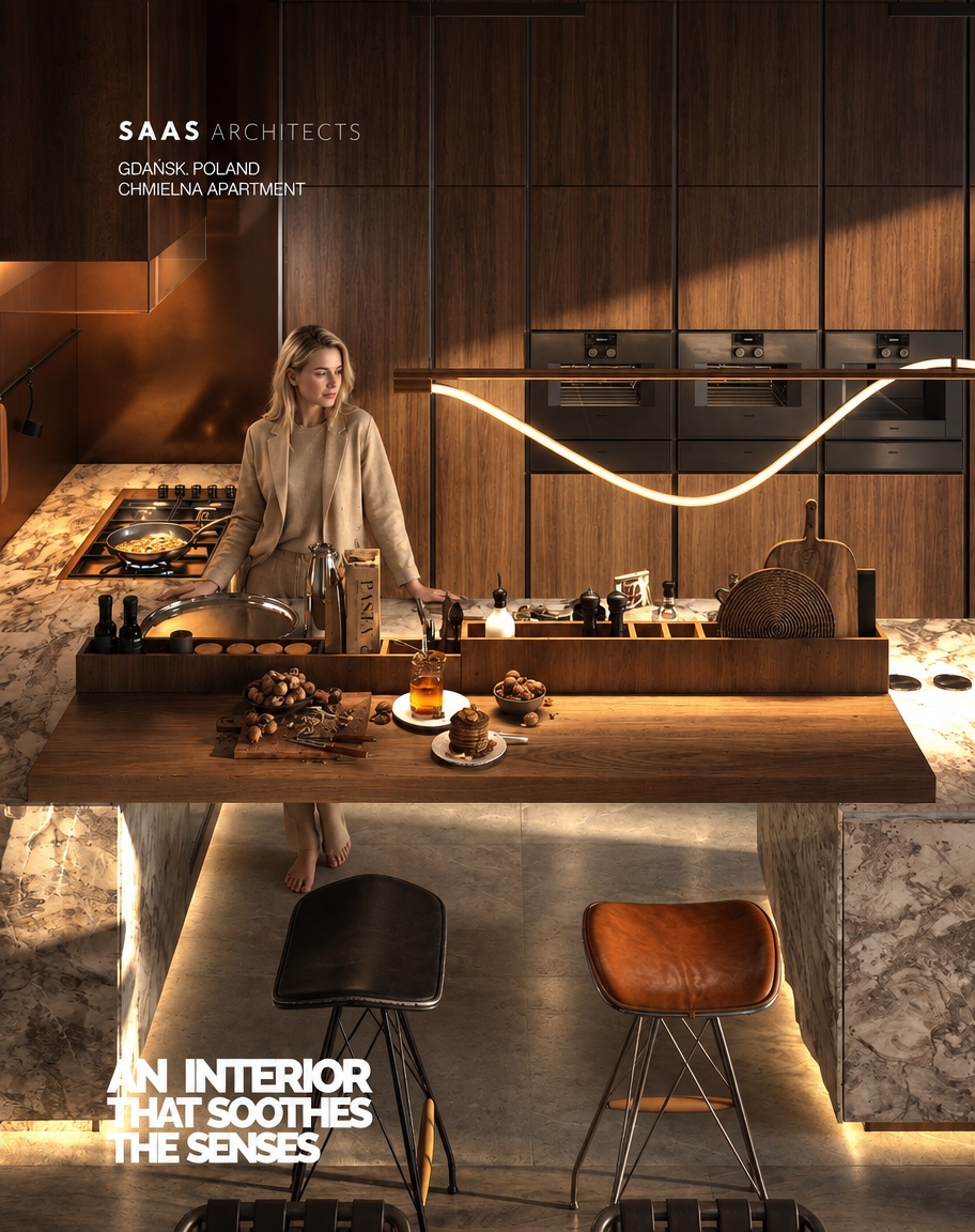 Hyper-realistic architectural interior photography refinement based strictly on the reference image.
ABSOLUTE PRESERVATION:
The existing architecture, layout, geometry, proportions, furniture placement, camera position, camera height, focal length, perspective, composition, framing, spatial relationships, and any existing rug remain completely unchanged.
Do not alter, redesign, reinterpret, relocate, resize, replace, remove, add, simplify, or reconstruct any architectural element, furniture, decoration, object, fixture, appliance, opening, wall, ceiling, floor geometry, kitchen island, cabinetry, doors, windows, or built-in element.
Do not change the camera angle or viewpoint in any way.
Do not crop, zoom, pan, tilt, rotate, dolly, shift, or reframe the image.
The original composition must remain exactly the same.
Only improve photographic realism, surface realism, material depth, human realism, texture quality, and physically accurate light–material interaction.
No redesign.
No reinterpretation.
No creative alteration.
No change to the architecture.
No change to the furniture layout.
No change to the composition.
The final image must remain visually identical in architecture and composition to the reference image, with only the requested material and human-realism refinements applied.
PHOTOGRAPHIC INTENT:
Transform the reference into an ultra-realistic, high-end editorial architectural photograph.
The image must look like a real professional architectural interior photograph captured on a full-frame professional camera, not a 3D render or CGI visualization.
Preserve the exact architectural design while upgrading the visual realism to an extremely sophisticated photographic level.
The final result should resemble a luxury architectural editorial photographed for a premium architecture or interior-design magazine.
Natural photographic imperfections, physically accurate materials, realistic light falloff, authentic reflections, subtle lens characteristics, realistic depth, and organic micro-detail.
No artificial perfection.
No CGI appearance.
No digital illustration.
No stylization.
OVERALL MOOD:
Dark, moody, low-key interior photography with a refined, intimate, sophisticated atmosphere.
The interior should feel warm, quiet, luxurious, tactile, calm, and naturally lived-in.
Maintain deep blacks and controlled shadows while preserving sufficient detail in dark areas.
Subtle natural lens vignette gently darkens the outer edges of the frame while keeping the central architectural composition clear and detailed.
Use restrained cinematic underexposure without destroying material information.
The image should feel sophisticated and atmospheric rather than dramatically stylized.
No excessive contrast.
No crushed shadow detail.
No artificial HDR.
No exaggerated cinematic effects.
LIGHTING:
Physically accurate architectural photography lighting.
Use deliberate cinematic underexposure while maintaining realistic exposure relationships between the interior, woman, furniture, walls, floor, and architectural elements.
Warm artificial lighting approximately 2700–3000K remains restrained, soft, directional, and realistic.
The warm artificial light should gently graze the walnut surfaces and architectural elements, revealing the natural grain, pores, subtle surface imperfections, and material depth primarily through controlled highlights and shadows.
Natural sunlight remains present and readable.
Soft natural daylight enters the space naturally and interacts with the floor, kitchen island, walnut cabinetry, walls, furniture, and the woman.
Natural daylight should create subtle controlled highlights, soft shadows, realistic reflections, and believable colour transitions.
Global illumination must remain physically correct but restrained.
Use realistic indirect bounce light, subtle ambient occlusion, physically accurate shadow density, realistic light falloff, and natural reflected colour from the walnut surfaces.
No dramatic artificial beams.
No theatrical lighting.
No glowing objects.
No excessive bloom.
No lens flare.
No stylized lighting effects.
FLOOR – LIGHT POLISHED CONCRETE:
The floor is replaced with light warm grey polished concrete while preserving the exact existing floor geometry, perspective, dimensions, joints, transitions, and spatial relationships.
Surface tone:
Soft light grey with subtle warm undertones and delicate natural tonal variation.
Avoid cold blue-grey coloration.
Finish:
Smooth, dense, mechanically polished concrete with a refined satin sheen.
Not mirror-like.
Not glossy.
Not wet-looking.
Micro-texture:
Visible fine aggregate.
Subtle mottling.
Very fine tonal variation.
Faint trowel marks.
Natural microscopic irregularities.
Subtle pores and mineral variation.
Reflectance:
Physically accurate low-to-medium reflectivity.
Light sources and surrounding architecture may create soft, broad, blurred reflections.
Reflections must never appear sharp, mirror-like, metallic, or artificially glossy.
Light interaction:
Grazing light gently reveals subtle surface variation, micro-imperfections, and fine texture.
The floor should feel heavy, mineral, tactile, architectural, and genuinely physical.
No wet look.
No high gloss.
No artificial uniformity.
No plastic appearance.
No CGI floor texture.
WALLS & CABINET FRONTS – PREMIUM DARK AMERICAN WALNUT VENEER:
All wall cladding, full-height wall panels, cabinet fronts, tall units, millwork, doors, built-ins, and all existing wood-finished architectural elements are finished in premium natural American Black Walnut veneer (Juglans nigra).
Preserve the existing design, proportions, panel layout, joint pattern, dimensions, geometry, doors, openings, and architectural composition exactly as shown in the reference image.
Use authentic architectural-grade natural walnut veneer with a rich, deep brown base and subtle warm undertones.
The overall colour should range naturally from dark chocolate brown to deep espresso brown, with slightly lighter warm brown variations naturally occurring within the grain.
The wood must have a sophisticated dark luxury appearance without becoming black.
Maintain enough tonal variation and surface depth for the natural walnut grain to remain clearly visible under both natural daylight and warm artificial lighting.
AUTHENTIC VENEER:
Use authentic book-matched or carefully slip-matched natural veneer.
Maintain continuous grain flow across adjacent wall panels, cabinet fronts, doors, and millwork.
The result should resemble bespoke high-end custom architectural joinery.
Natural American Black Walnut characteristics:
- rich chocolate and espresso-brown coloration
- subtle warm brown undertones
- muted caramel undertones in selected areas
- refined flowing grain
- naturally irregular growth patterns
- occasional subtle cathedral grain formations
- fine open pores
- subtle mineral variation
- realistic darker and lighter grain transitions
- authentic veneer seams
- realistic panel transitions
- natural variation between individual veneer sheets
The grain should remain elegant, relatively calm, refined, and architectural.
Avoid excessively dramatic rustic patterns.
The overall appearance must feel contemporary, sophisticated, expensive, restrained, and highly crafted.
COLOR CONSISTENCY:
Maintain a coherent dark walnut palette across all wood surfaces.
Do not introduce:
- reddish mahogany
- orange wood
- yellow oak
- grey wood
- artificial black wood
- flat dark brown
- overly red tones
- overly orange tones
The walnut should remain unmistakably natural American Black Walnut.
The veneer should appear naturally stained only enough to achieve the desired deep walnut tone while preserving the authentic optical depth, pore structure, grain variation, and dimensional character of real walnut.
FINISH:
Ultra-high-quality matte-to-satin clear lacquer, approximately 5–10 GU.
The finish should softly diffuse incoming light while preserving:
- tactile character
- pore structure
- grain depth
- natural dimensionality
- subtle surface imperfections
- authentic wood texture
The surface must never appear:
- glossy
- plastic
- laminated
- artificially black
- overly polished
- synthetic
- flat
- CGI-generated
LIGHT INTERACTION WITH WALNUT:
Warm ambient light creates subtle, soft highlights along the walnut grain.
Natural daylight reveals slightly cooler brown variations and three-dimensional veneer depth.
Grazing light emphasizes:
- pores
- grain direction
- veneer transitions
- subtle panel joints
- tiny surface irregularities
- natural tonal variation
Reflections remain broad, soft, restrained, and physically accurate.
No repeating texture.
No cloned grain.
No procedural-looking wood.
No artificial symmetry.
No laminate appearance.
No flat brown colour.
No excessive red.
No excessive orange.
No fake CGI wood.
The walnut must remain visually consistent throughout the image, with the same species, coloration, finish, grain character, and material identity.
MATERIAL REALISM:
All materials must exhibit physically accurate behaviour under the existing lighting.
Upholstered fabrics exhibit realistic textile density, visible individual fibres, soft light absorption, natural creasing, subtle compression, and realistic shadow behaviour.
Stone surfaces appear heavy, tactile, mineral, and physically dense, with true depth, micro-porosity, subtle tonal variation, and uneven reflectance revealed only where light grazes the surface.
Glass remains physically transparent with restrained, realistic reflections and subtle refraction.
Metal surfaces remain subdued with controlled specular highlights.
No material should appear excessively glossy or artificially perfect.
Every surface should contain subtle real-world micro-imperfections appropriate to its material.
WOMAN – EXACT SAME WOMAN AS THE PREVIOUSLY CREATED REFERENCE:
Add the SAME blonde woman from the previously created reference image.
She must visually correspond to the exact same woman previously generated.
Do NOT generate a different woman.
Preserve the same overall character, facial character, blonde hairstyle, body proportions, natural beauty, age appearance, feminine silhouette, and relaxed editorial presence.
She should look as though she is the exact same real woman photographed in another frame of the same professional architectural photoshoot.
CHARACTER CONSISTENCY:
Maintain the same:
- blonde hair character
- hairstyle
- facial proportions
- facial character
- natural expression
- body type
- body proportions
- feminine silhouette
- overall appearance
- relaxed personality
- realistic photographic quality
Do not change her into a different person.
Do not create a generic blonde model.
Do not alter her facial structure unnecessarily.
Do not make her younger or older.
Do not make her excessively glamorous.
Do not apply beauty-filter aesthetics.
APPEARANCE:
Naturally beautiful adult blonde woman.
Long, loose, softly wavy blonde hair.
Warm natural blonde colour with subtle darker blonde roots and realistic tonal variation.
Individual hair strands must be visible.
Hair should contain natural flyaway strands, subtle irregularities, realistic density, believable volume, and natural highlights.
Facial features should be refined but completely natural.
Preserve subtle natural facial asymmetry.
Skin should contain realistic pores, tiny imperfections, subtle tonal variation, believable translucency, and physically accurate subsurface scattering.
No plastic skin.
No airbrushed skin.
No artificial beauty filter.
No excessive smoothing.
OUTFIT – EXACT SAME BEIGE LINEN-LOOK TWO-PIECE SET:
The woman wears EXACTLY the same beige linen-look women's two-piece outfit previously created for her.
The outfit is a refined, relaxed, sophisticated women's linen-look set in the same style as the previously generated reference.
It consists of:
- relaxed oversized beige tailored blazer
- matching very wide-leg full-length trousers
- flowing wide trouser silhouette
- warm natural beige / sand / light taupe colour
- soft linen-look textile
- authentic woven fabric structure
- subtle visible linen fibres
- natural irregularities in the weave
- matte tactile surface
- relaxed contemporary tailoring
- understated luxury aesthetic
- effortless high-end editorial appearance
The outfit must visually match the previously created beige linen-look wide-leg two-piece set as closely as possible.
The trousers must remain VERY WIDE, flowing, relaxed, and full-length.
The trouser legs should naturally fall toward the floor with realistic weight, gravity, folds, and fabric movement.
The blazer should have a relaxed, slightly oversized silhouette with natural draping and realistic construction.
The clothing must look like genuine premium linen or a very high-quality linen-look fabric.
No synthetic appearance.
No plastic appearance.
No glossy fabric.
No excessive stiffness.
No fashion illustration.
No different outfit.
Do not replace the outfit with a dress, skirt, jeans, narrow trousers, leggings, shirt, or another fashion style.
Do not add bright colours, prints, patterns, logos, or unnecessary accessories.
The overall outfit remains understated, elegant, natural, neutral, and architectural.
BAREFOOT:
The woman is barefoot.
Her feet must be anatomically correct and naturally positioned.
Correct toes, correct proportions, natural skin texture, realistic contact with the floor.
Her feet must be firmly grounded on the polished concrete.
Use subtle physically accurate contact shadows.
No floating feet.
No distorted toes.
No anatomical errors.
POSE:
The woman stands naturally and calmly within the existing interior.
Her posture is relaxed, subtle, elegant, and believable.
Avoid a fashion-model pose.
Avoid exaggerated body language.
Avoid dramatic gestures.
Natural weight distribution between both legs.
Relaxed shoulders.
Subtle asymmetry.
Natural position of arms and hands.
Her posture should feel spontaneous and incidental, as though she is naturally inhabiting the architectural space.
She should not appear to be intentionally posing for the camera.
HUMAN SCALE:
Maintain physically correct human scale and proportions relative to:
- kitchen island
- cabinetry
- doors
- walls
- floor
- furniture
- architectural openings
- ceiling height
- surrounding objects
The woman must be correctly integrated into the spatial perspective.
No oversized body.
No undersized body.
No distorted proportions.
HYPER-REALISTIC HUMAN DETAIL:
The woman must look completely real.
Skin:
- realistic pores
- subtle fine lines
- natural imperfections
- realistic tonal variation
- believable translucency
- soft subsurface scattering
- natural highlights
- realistic shadow transitions
Hair:
- individual strands
- natural flyaway hairs
- realistic density
- physically believable volume
- subtle tonal variation
- natural highlights
- realistic interaction with ambient light
Hands:
- anatomically correct hands
- realistic fingers
- correct finger proportions
- natural joints
- subtle skin folds
- realistic nails
Feet:
- anatomically correct
- realistic toes
- realistic skin texture
- natural weight distribution
- accurate contact with floor
FACIAL REALISM:
The face must look like a real photographed person.
Maintain natural facial asymmetry and subtle imperfections.
No artificial symmetry.
No doll-like appearance.
No mannequin appearance.
No generic AI face.
No overly perfect beauty.
No waxy skin.
No excessive sharpening.
No beauty retouching.
The woman's face should retain the subtle imperfections and organic realism characteristic of an authentic professional photograph.
CLOTHING REALISM:
The linen-look fabric must behave physically like real woven fabric.
Include:
- authentic fibre structure
- subtle weave visibility
- natural wrinkles
- soft creasing
- realistic compression
- gravity-driven folds
- slight irregularity
- natural tension around elbows
- realistic folds around waist
- realistic folds around hips
- natural draping around legs
- matte light absorption
- subtle highlights only where fabric catches light
The clothing must respond naturally to gravity and body movement.
No painted fabric.
No synthetic cloth.
No plastic texture.
No perfectly smooth surfaces.
INTEGRATION WITH ARCHITECTURE:
The woman must be physically integrated into the existing interior.
She must receive exactly the same lighting conditions as the surrounding architecture.
Her skin, hair, clothing, and body must respond naturally to the same warm artificial light and natural daylight.
Use physically accurate:
- indirect illumination
- reflected light
- colour bounce
- ambient occlusion
- contact shadows
- cast shadows
- light falloff
- exposure
- depth
- atmospheric interaction
The walnut walls should subtly reflect warm tones onto her clothing and skin where physically appropriate.
The light warm-grey polished concrete should subtly reflect surrounding light without creating artificial mirror reflections.
Her presence must feel as if she was physically standing in the interior during the original architectural photoshoot.
No cutout appearance.
No pasted-on appearance.
No halo.
No edge artefacts.
No mismatched sharpness.
No mismatched colour temperature.
No mismatched exposure.
No artificial compositing.
CAMERA AND COMPOSITION:
The camera remains COMPLETELY LOCKED.
Preserve exactly:
- camera position
- camera height
- focal length
- perspective
- viewing direction
- framing
- crop
- composition
- architectural proportions
- spatial relationships
Do not move the camera.
Do not zoom.
Do not crop.
Do not change the lens.
Do not create another angle.
Do not introduce another shot.
Do not alter the perspective.
The woman must be inserted into the existing composition without changing the framing.
DEPTH OF FIELD:
Natural full-frame architectural photography depth of field.
Maintain realistic focus relationships between architecture and woman.
No artificial excessive background blur.
No cinematic fake bokeh.
No exaggerated shallow depth of field.
The image must retain sufficient architectural detail throughout the scene.
PHOTOGRAPHIC MICRO-DETAIL:
Extremely realistic micro-contrast and organic sharpness.
Natural full-frame camera rendering.
Subtle optical characteristics of a professional architectural lens.
Natural tonal roll-off.
Realistic highlight behaviour.
Realistic shadow transitions.
Subtle film grain.
No oversharpening.
No excessive clarity.
No HDR appearance.
No artificial micro-contrast.
No digital noise.
FINAL IMAGE QUALITY:
Extreme detail.
Hyper-realistic material definition.
Organic photographic sharpness.
Physically accurate light–material interaction.
Natural human realism.
Realistic architectural scale.
Realistic reflections.
Realistic shadows.
Realistic textures.
Realistic colour grading.
Deep blacks.
Controlled highlights.
Subtle film grain.
Natural tonal roll-off.
Sophisticated editorial photography aesthetic.
The final image must be completely indistinguishable from a real high-end architectural photograph captured on a professional full-frame camera.
The architecture must remain exactly as in the reference.
The camera must remain exactly as in the reference.
The composition must remain exactly as in the reference.
The woman must look like the SAME blonde woman previously created, wearing the SAME beige linen-look wide-leg two-piece outfit, naturally photographed inside the space.
She must appear completely real, natural, anatomically correct, physically grounded, and perfectly integrated into the architectural photograph.
NO CGI LOOK.
NO 3D RENDER LOOK.
NO AI-GENERATED LOOK.
NO STYLIZATION.
NO ARTIFICIAL PERFECTION.
NO PLASTIC SKIN.
NO MANNEQUIN APPEARANCE.
NO FASHION-ILLUSTRATION LOOK.
NO BEAUTY-FILTER EFFECT.
NO DISTORTED HANDS.
NO DISTORTED FEET.
NO ANATOMICAL ERRORS.
NO FLOATING BODY.
NO CUTOUT EFFECT.
NO HALO.
NO COMPOSITING ARTEFACTS.
NO CHANGE TO ARCHITECTURE.
NO CHANGE TO CAMERA.
NO CHANGE TO COMPOSITION.
NO CHANGE TO FURNITURE PLACEMENT.