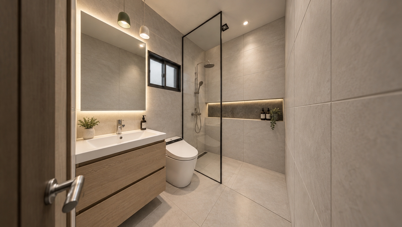 A wide-angle architectural photograph capturing the minimalist bathroom with identical layout and composition, illuminated by a warm, soft backlight glowing from behind the rectangular mirror and diffused ambient light. The scene features uniform non-glazed matte grey-white porcelain tiles covering the walls and floor, rendered with subtle tactile roughness, fine grout lines, and soft specular highlights. A modern smart toilet with integrated electronic controls sits beside the floating natural light-wood grain vanity, which features a crisp white ceramic undermount sink and chrome fixtures. Inside the walk-in shower, separated by a clean black-framed tempered glass screen, a brushed stainless-steel shower fixture gleams under downlighting, while the recessed wall niche is neatly stocked with minimal dispenser bottles for shampoo and body wash. Natural, soft-edged shadows create authentic depth across all surfaces, shot on a full-frame sensor with realistic optical clarity, faint edge falloff, and delicate micro-textures.