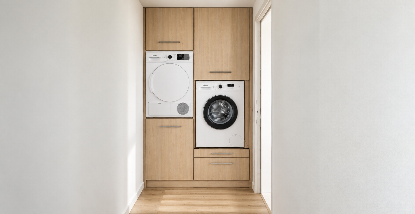 A crisp, photorealistic architectural photograph of the compact laundry room, illuminated by bright, soft, natural ambient daylight filling the space. Preserve the exact layout, cabinetry shapes, and materials, capturing realistic warm light wood grain veneer across the cabinet fronts, drawers, and flooring. Render the white stacked and elevated washing machine and dryer with authentic semi-gloss appliance finishes, delicate glass reflections on the washer door, and precise metallic textures on the horizontal handles. The surrounding white walls feature smooth matte plaster under balanced, bright exposure with realistic ambient occlusion in recesses and seams, subtle contact shadows beneath the cabinetry base, and clean, natural photographic clarity.