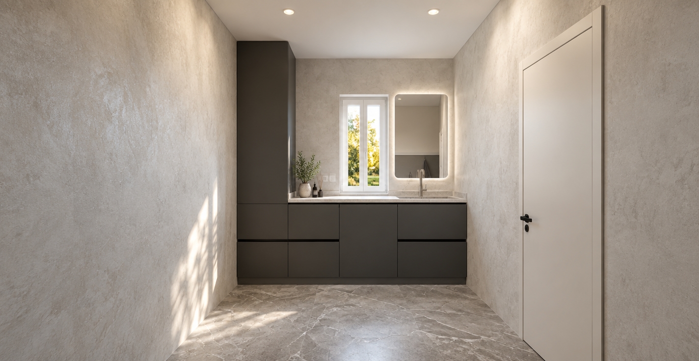 The photo captures a serene and functional bathroom, embodying a minimalist haven with its clean lines and restrained palette. The interior features subtly textured white walls, giving a stucco-like, organic feel that contrasts with the polished, light grey marble flooring, which exhibits intricate veining patterns. Overhead, a simple grey ceiling maintains the room's muted color scheme. Dominating the back wall is a sleek, dark charcoal grey vanity unit with a matte finish, featuring integrated drawers and handle-less doors, extending to a seamless white countertop that houses an undermount sink with a modern, slender chrome faucet. To the left, a tall, full-height dark grey cabinet provides ample storage, maintaining the vertical lines of the design. A rectangular, frameless mirror with rounded corners hangs above the sink, reflecting a soft, diffused light, while a narrow vertical window to its left offers a glimpse of vibrant green foliage and warm yellow light from outside, hinting at a natural, possibly autumnal, outdoor setting. On the right, a simple white door with a black handle subtly blends into the wall, completing this thoughtfully designed space that prioritizes functionality and understated elegance, creating a calm and inviting atmosphere.