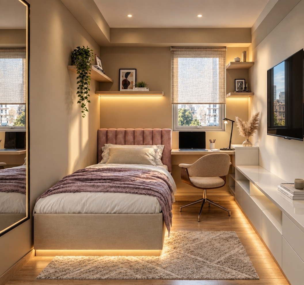 An incredibly lifelike, richly detailed, photorealistic wide-angle shot of a compact urban bedroom set in a high-rise city apartment. The scene is illuminated by a warm, layered glow from integrated LED strips and soft recessed ceiling lights, creating a serene and sophisticated atmosphere. Captured with a 35mm lens, emphasizing the tactile textures of the plush velvet headboard, the smooth matte finish of the custom cabinetry, and the organic grain of the natural wooden flooring.

The design embodies a modern fusion, blending sleek, contemporary modular furniture with industrial-inspired accents. A minimalist desk setup integrates seamlessly with a wall-mounted media unit, featuring clean geometric lines and a crisp white palette contrasted by bold touches of black in the minimalist mirror frame and slim hardware. The room is decorated with a curated selection of abstract wall art and a photography book resting on the low-profile media console, while lush, trailing greenery cascades from an overhead floating shelf, introducing a vibrant organic element to the space. The soft light reflects off the polished surfaces, highlighting the depth of the room and the meticulous balance between high-end minimalism and cozy, livable comfort.