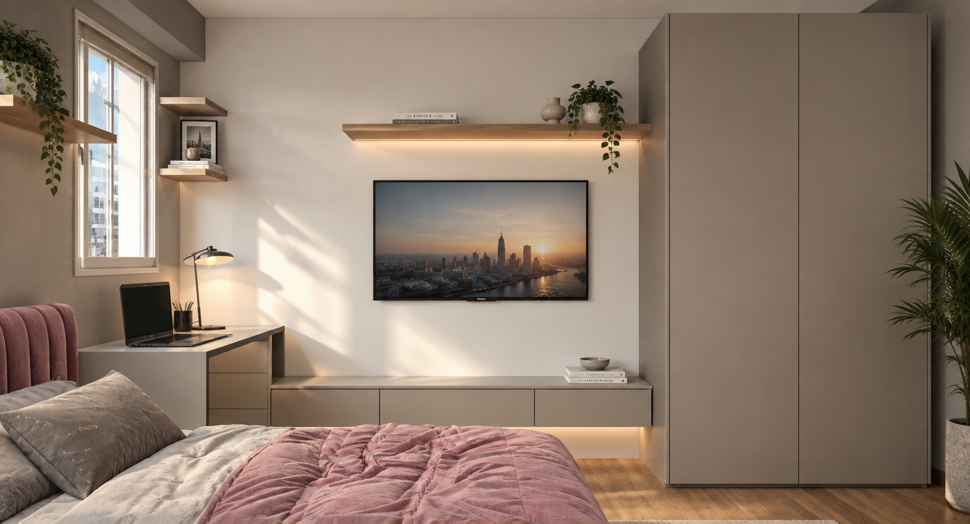 An incredibly lifelike, richly detailed, photorealistic interior shot of a modern fusion bedroom set in a high-rise urban apartment. The scene is illuminated by soft, natural morning light filtering through the window, creating a serene and sophisticated atmosphere. Captured with a 35mm lens, the rendering emphasizes the seamless contrast between smooth matte white walls and the warmth of the natural wooden flooring. To the left, a minimalist workstation features a sleek, metallic desk lamp casting a gentle glow over a high-end laptop, while a vibrant pop of color is introduced by the plush, tufted headboard in dusty rose. A floating media console sits beneath a thin-bezel television, perfectly balanced by a streamlined, full-height wardrobe in a soft, neutral taupe finish. The composition is clean and geometric, with floating shelves holding minimal decor, such as a curated photography book and an abstract, monochromatic piece of wall art. In the corner, a pot of lush, vibrant greenery breathes life into the space, softening the industrial-inspired lines and reinforcing the room's contemporary, open-concept elegance.