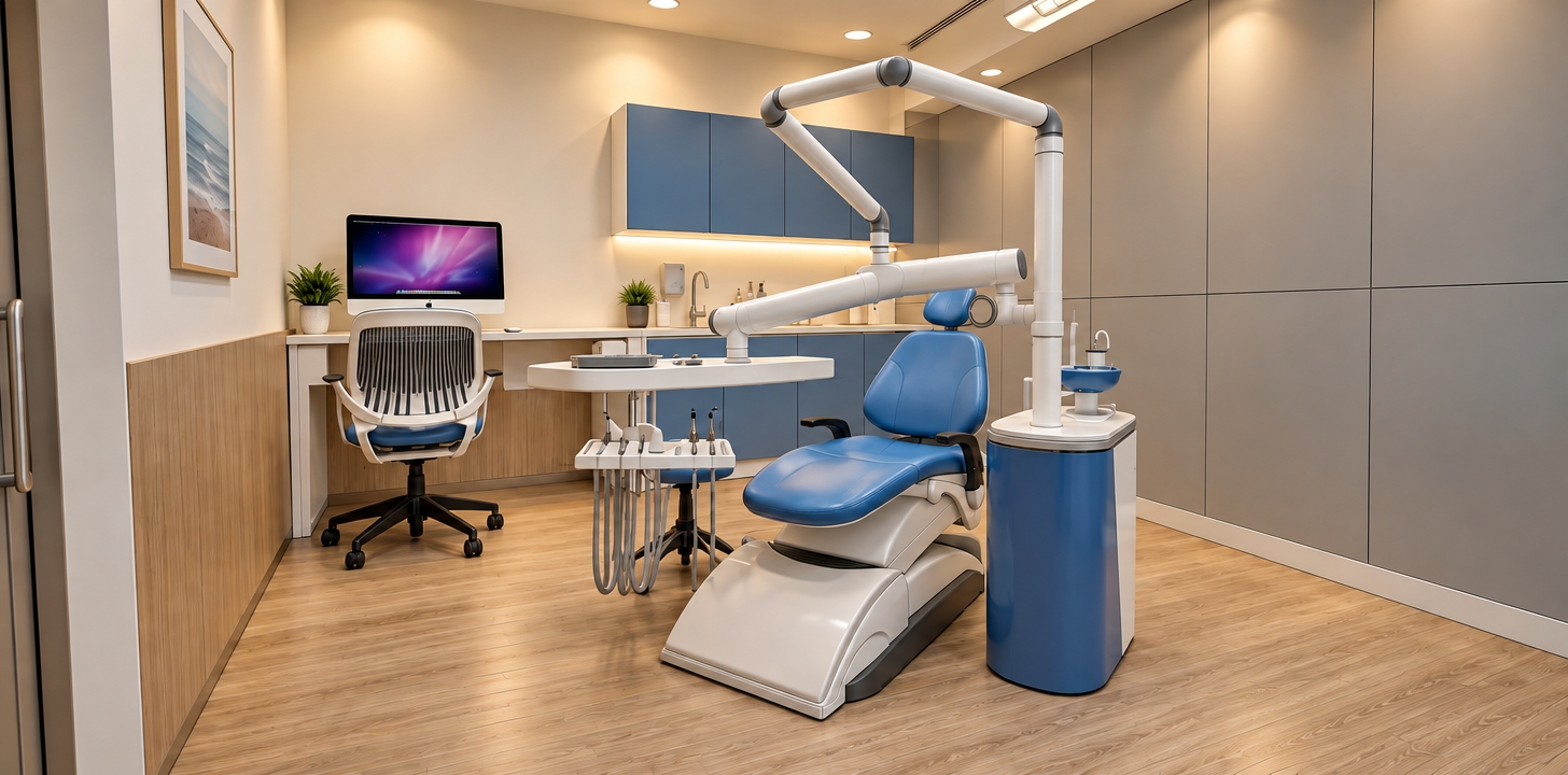 An authentic architectural photograph of the dental examination room, strictly preserving the exact composition, cabinetry, and equipment. The floor is rendered as seamless commercial sheet vinyl flooring with a subtle satin wood-grain sheen and soft ambient reflections. Warm, diffused ceiling illumination and soft under-cabinet LED strips cast a comforting, safe 3200K glow across the space. Shot on a wide-angle architectural lens with sharp focus, realistic micro-textures on the blue leather dental chair, gentle specular highlights on the equipment arms, and a faint, natural vignette conveying a welcoming, reassuring clinic atmosphere.